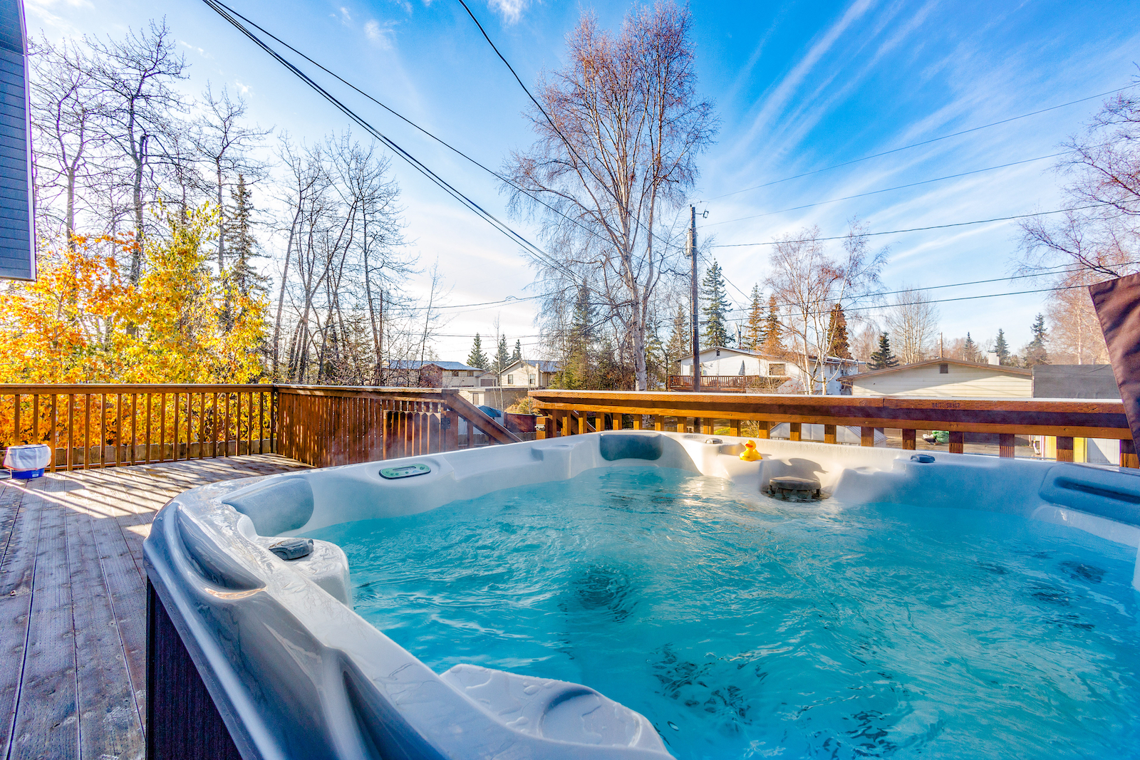 The hot tub on a deck at a vacation rental in Anchorage, Alaska.