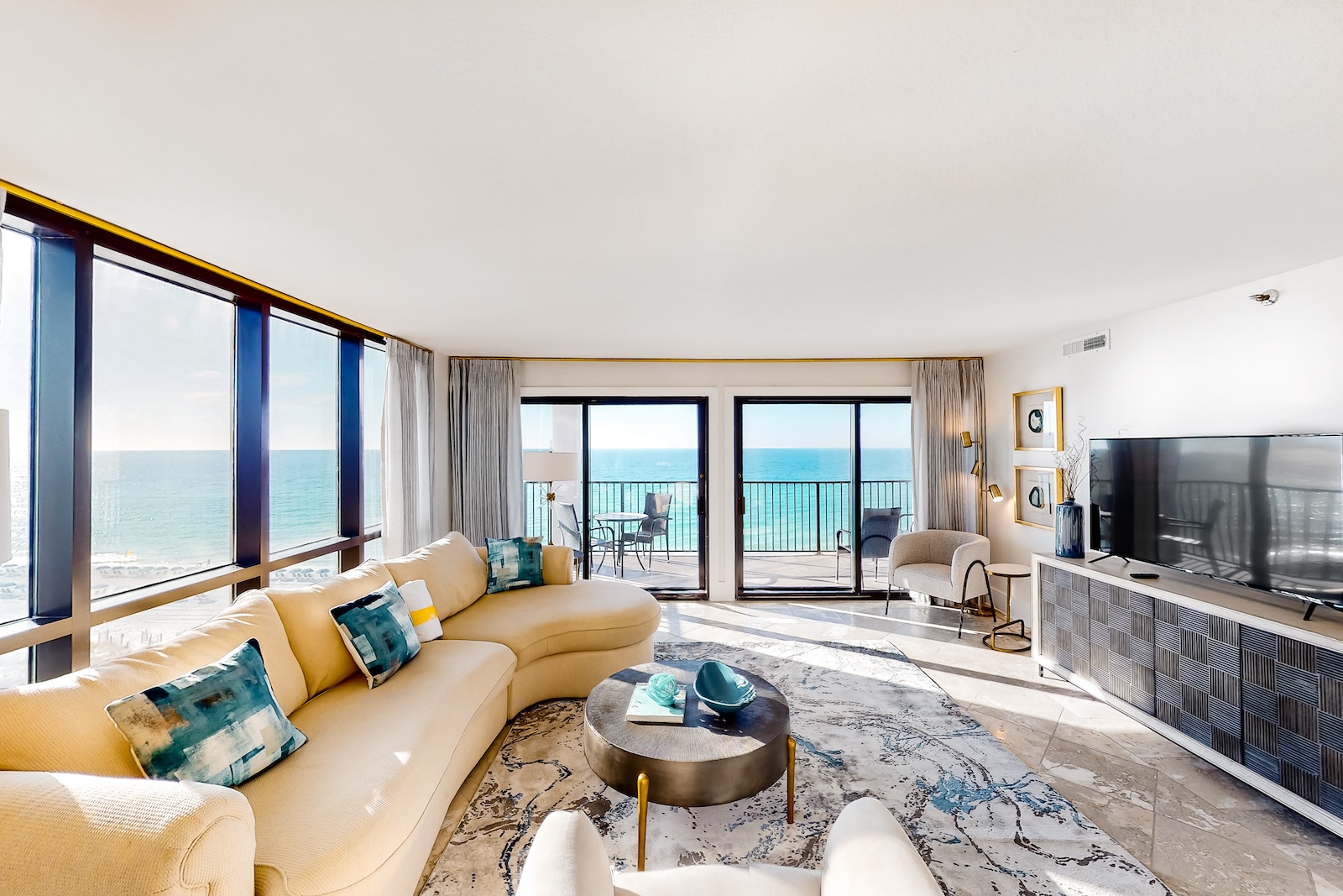 The living area with a view at a Destin, Florida condo rental.