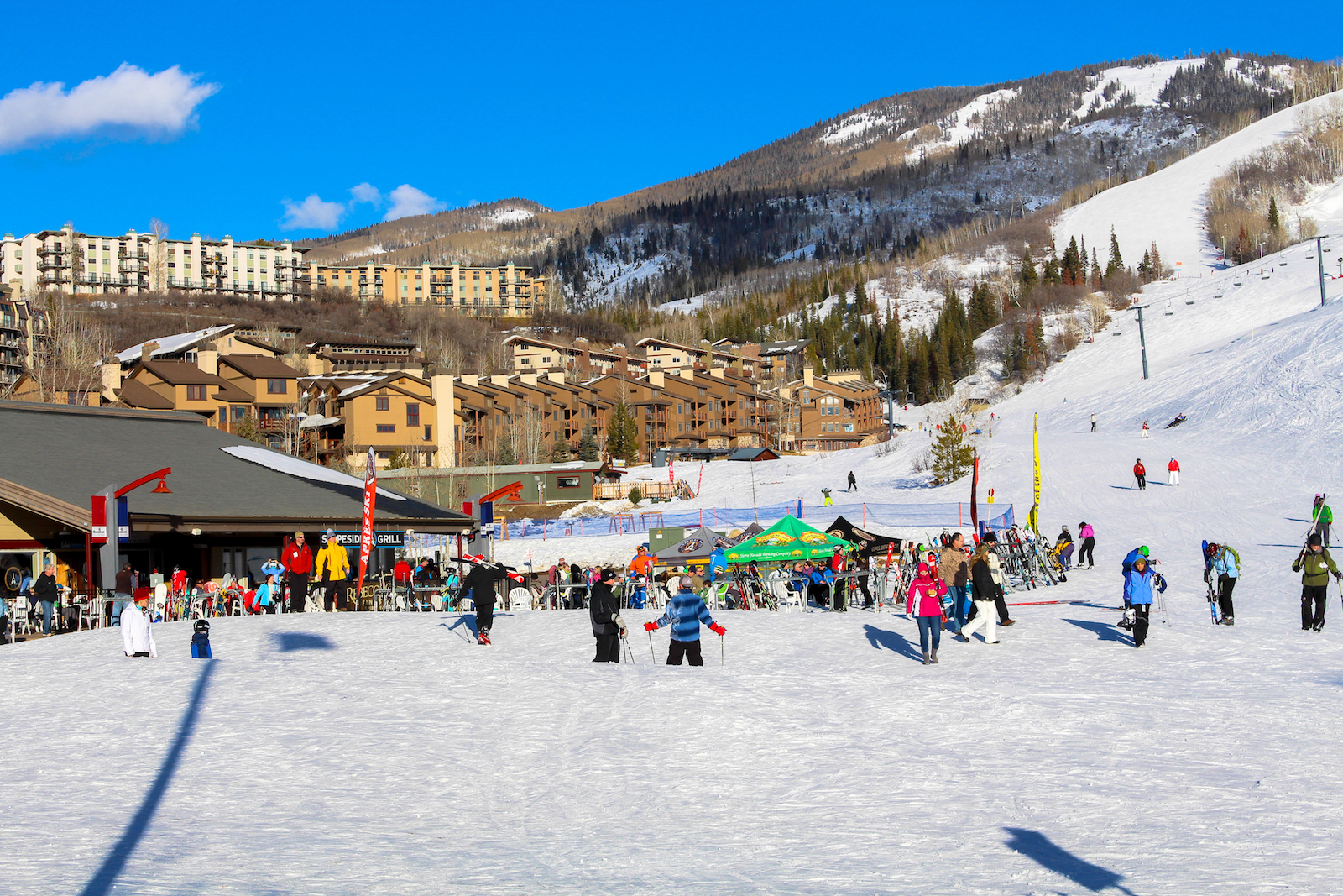 Skiers waiting for the lift in Steamboat Springs.