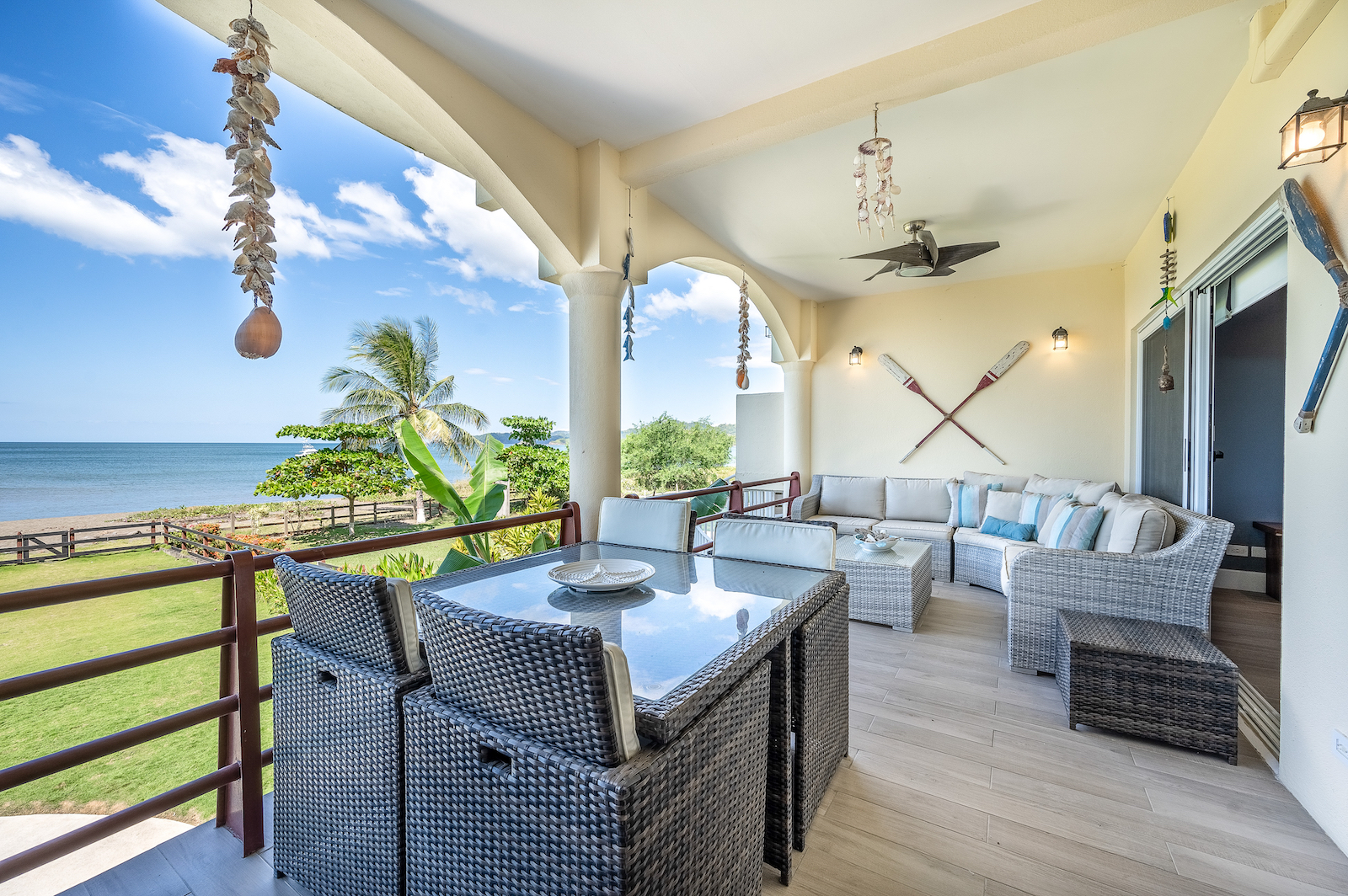 The outdoor deck of an oceanfront vacation rental condo in Costa Rica.