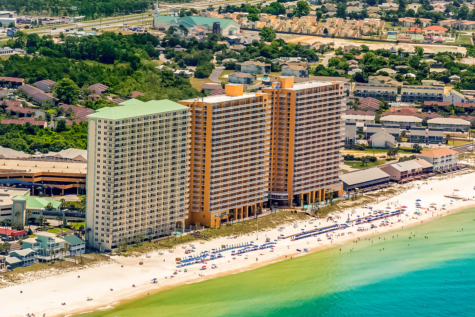 An aerial shot of theCeladon Beach Resort taken from the ocean.