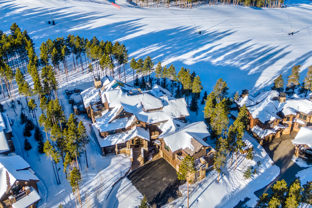 Aerial shot of ski-in/ski-out rentals near the slopes in Breckenridge, CO.