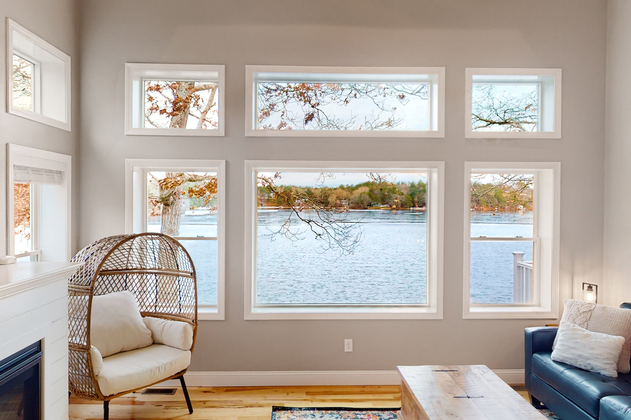 The view from the living room of a lake in Plymouth, MA