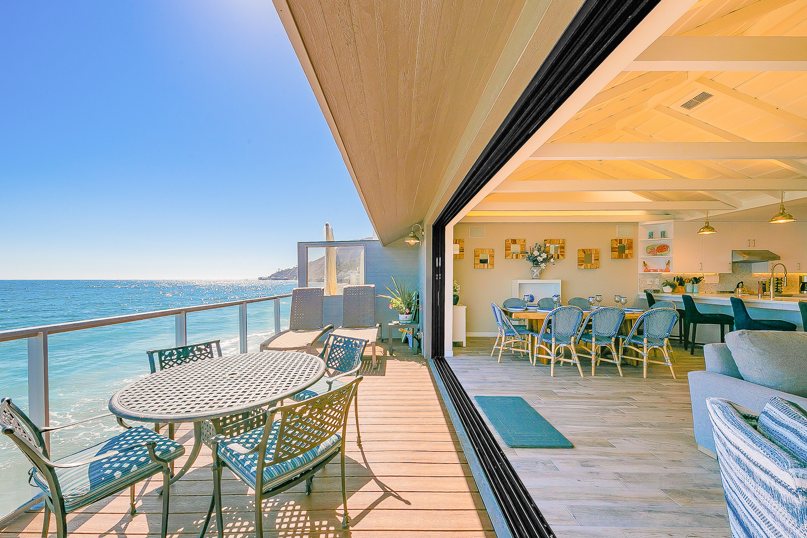 The deck of an oceanside vacation rental in Malibu, CA.