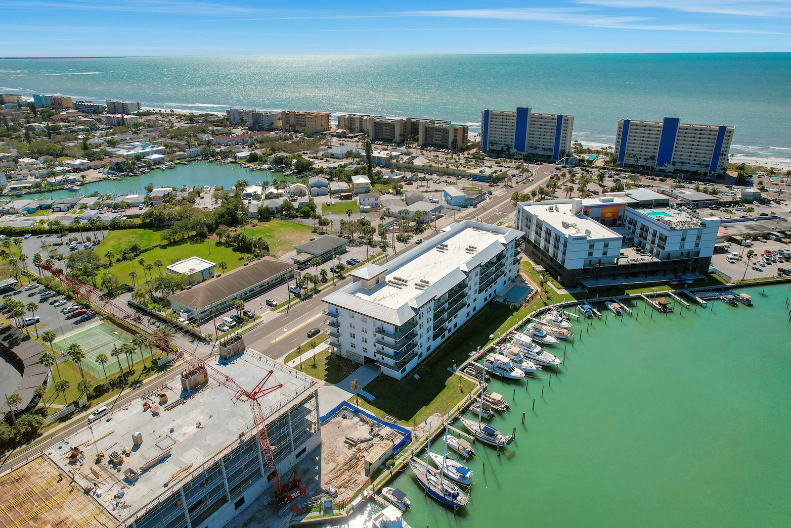 Birds eye view of the Madeira Beach, Florida cityscape.