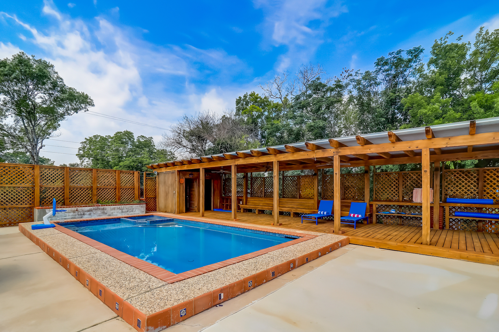 The back private pool area of a vacation home in San Antonio, Texas.