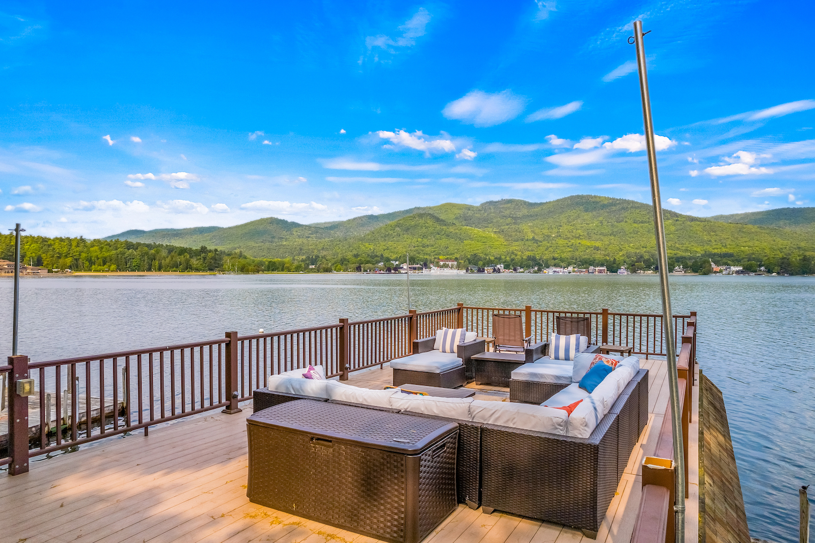 The dock of overlooking Lake George at a vacation rental in Upstate New York.