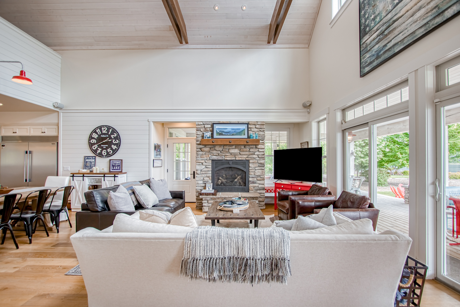 An elegant living room with farm house modern design at a vacation rental in Laclede, Idaho.