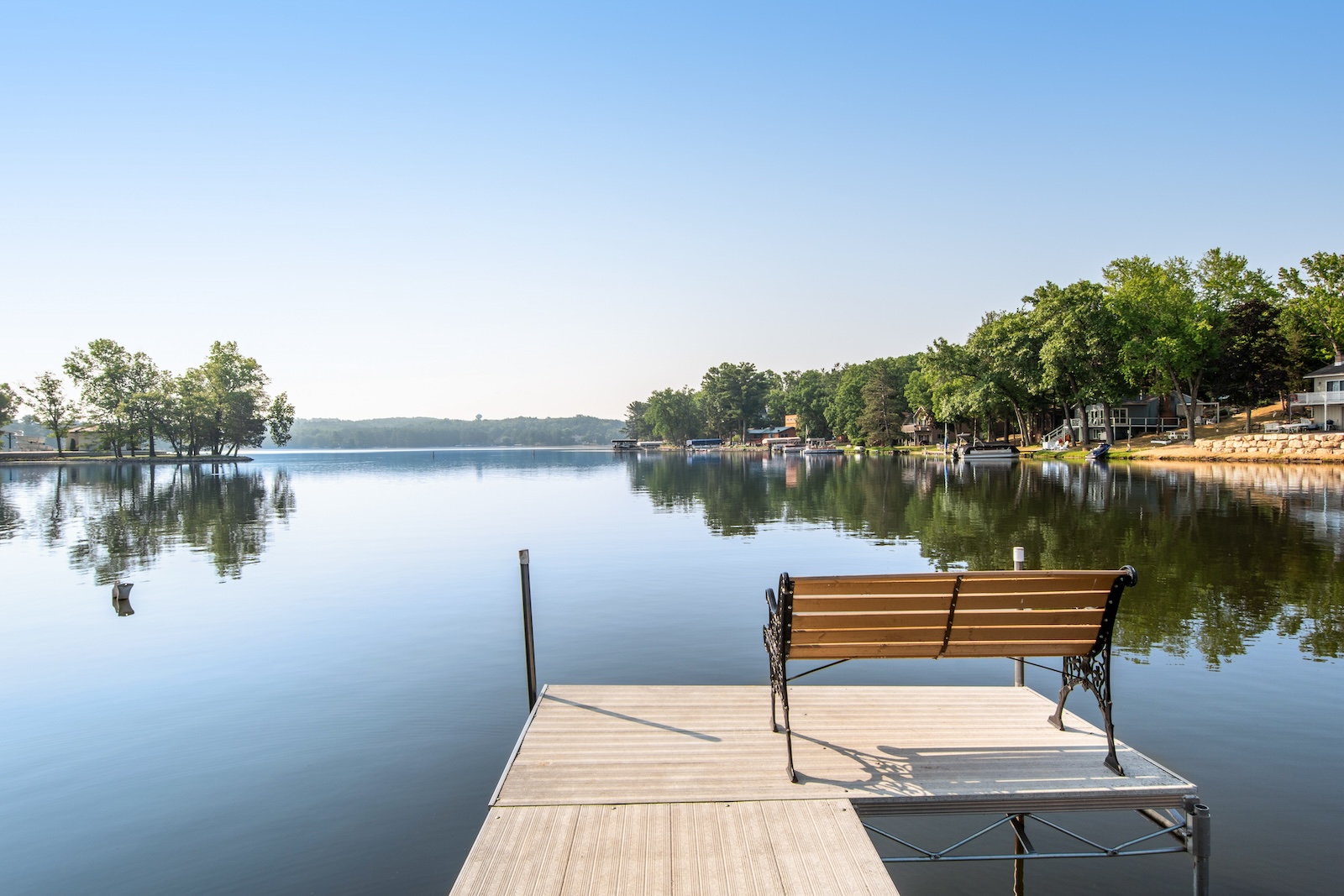 A bench of a lake in Wisconsin Dells.