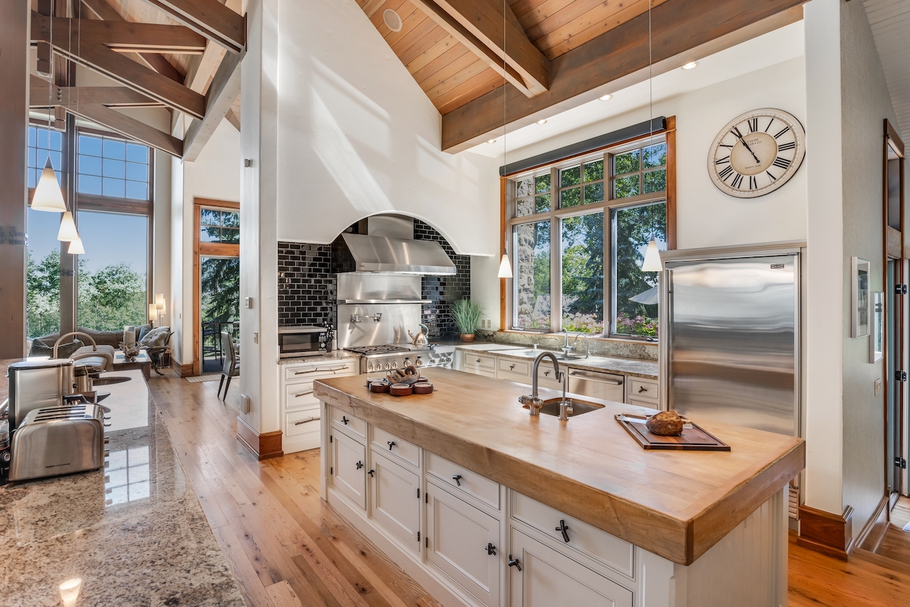 The kitchen and living area of an elegant Vail Valley vacation rental in Edwards, CO.