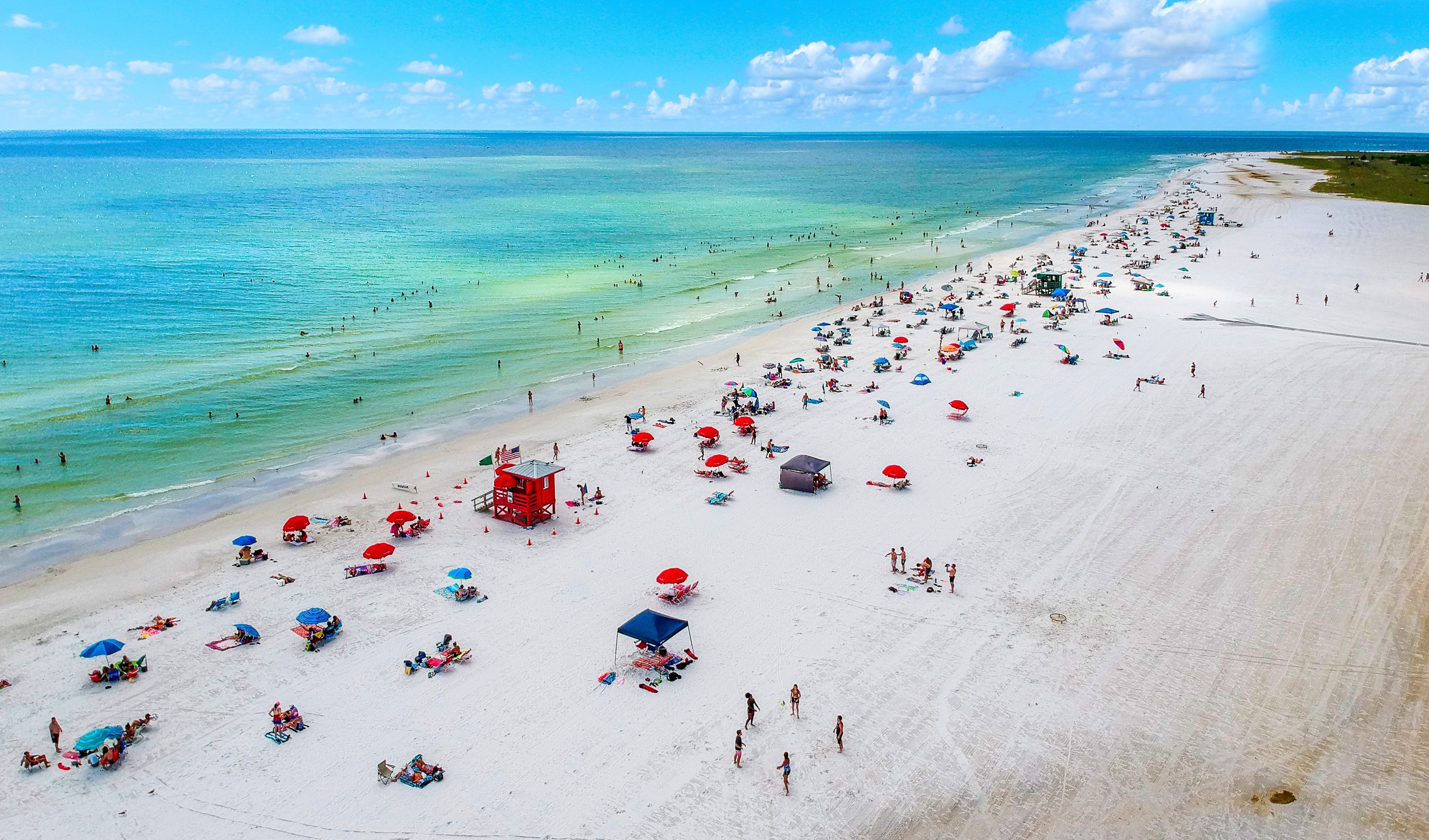 A drone shot of a beach in Sarasota.