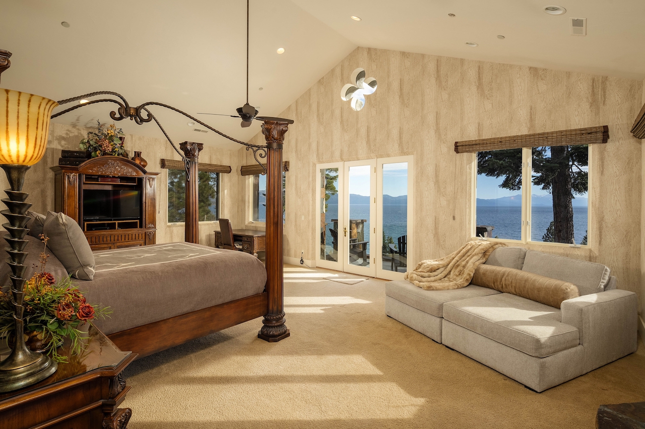 The bedroom of a vacation rental at a vacation rental in Tahoe Vista, CA.