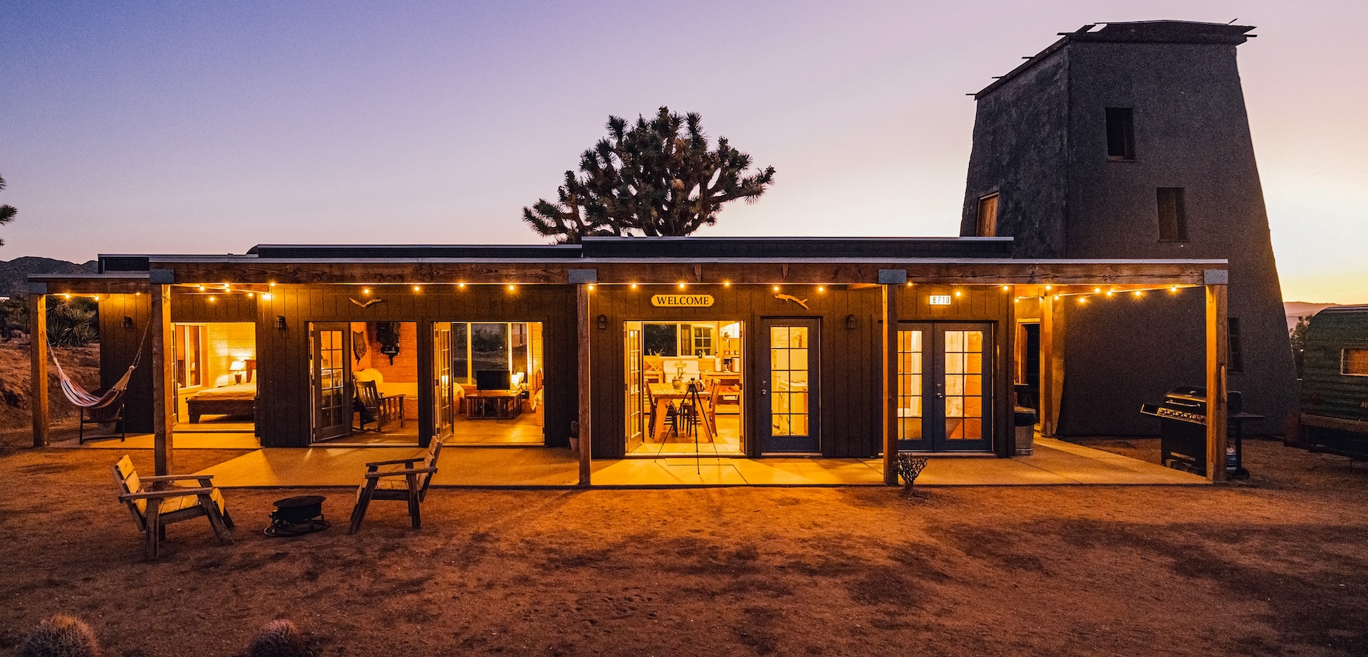 The exterior of a unique vacation rental in Joshua Tree.