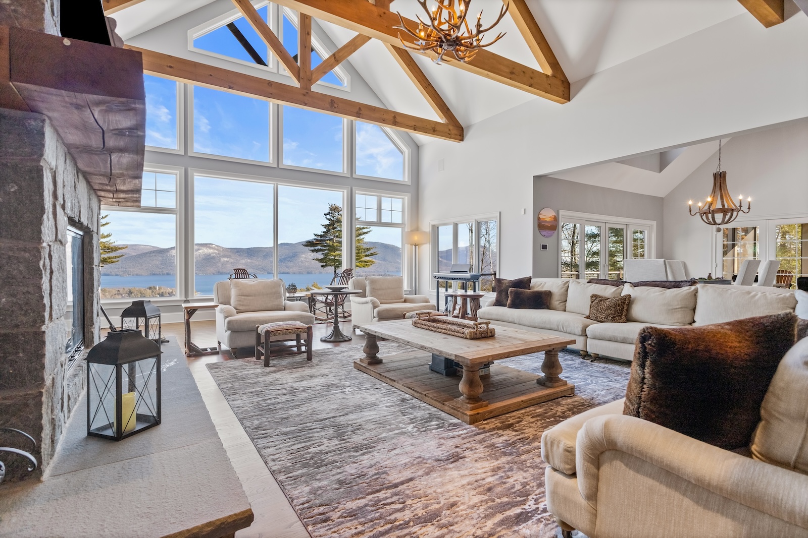 The living area at a rental overlooking the lake in Bolton Landing, NY.