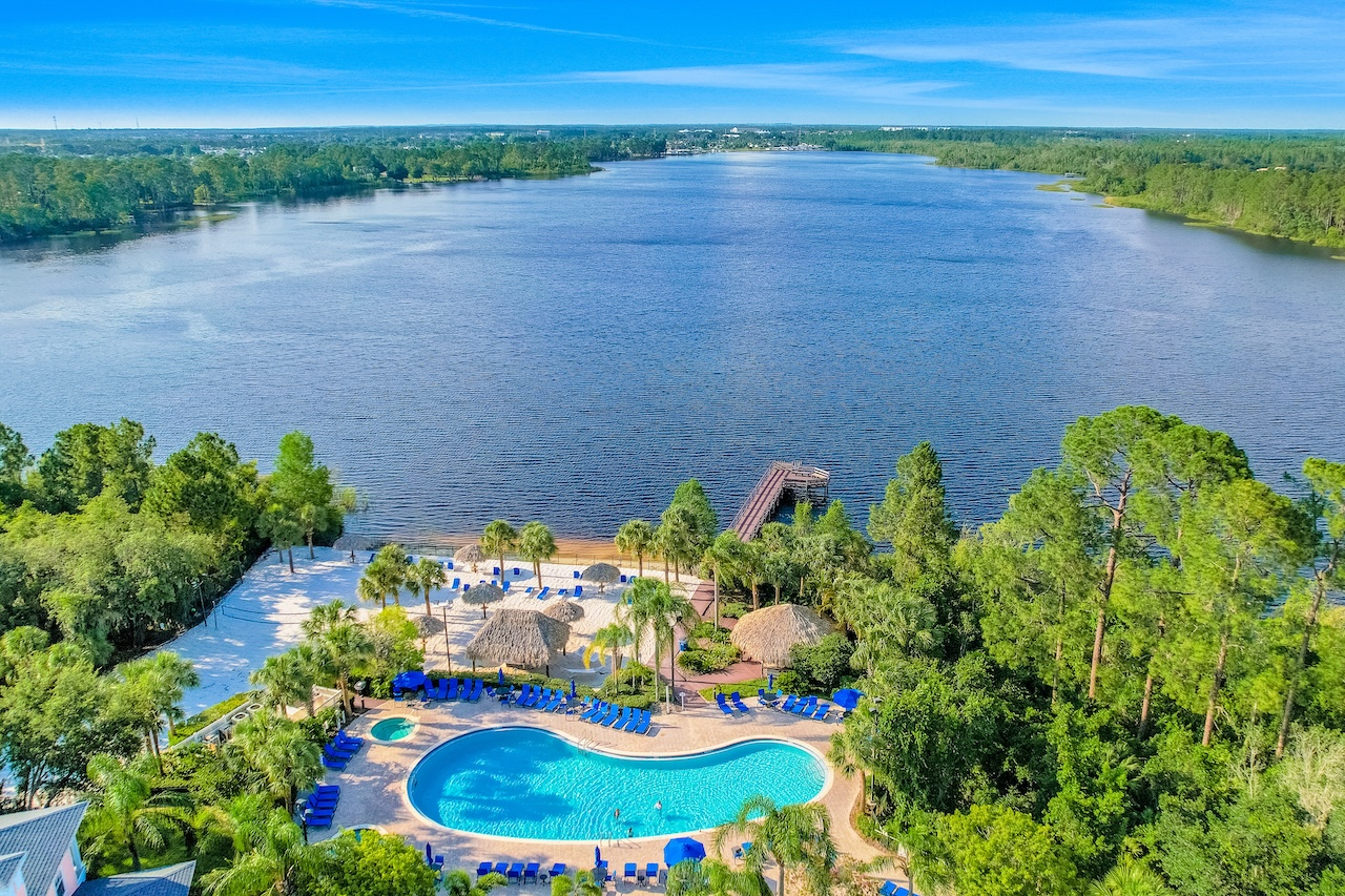 Drone shot of Bahama Bay Resort overlooking the lake.