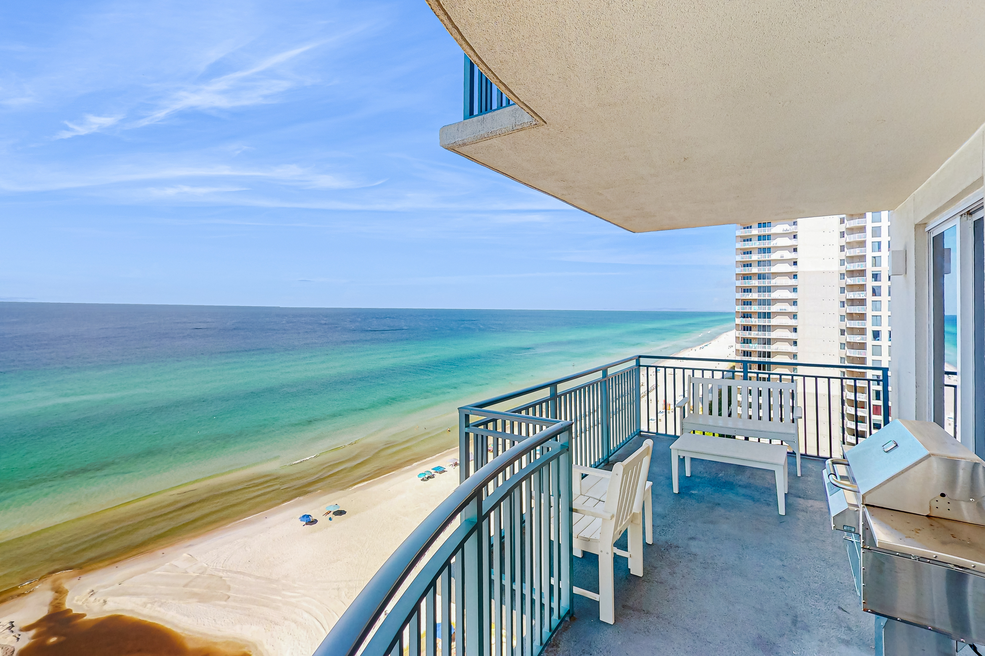 The balcony of a vacation rental condo in Panama City Beach, Florida at Sterling Breeze.