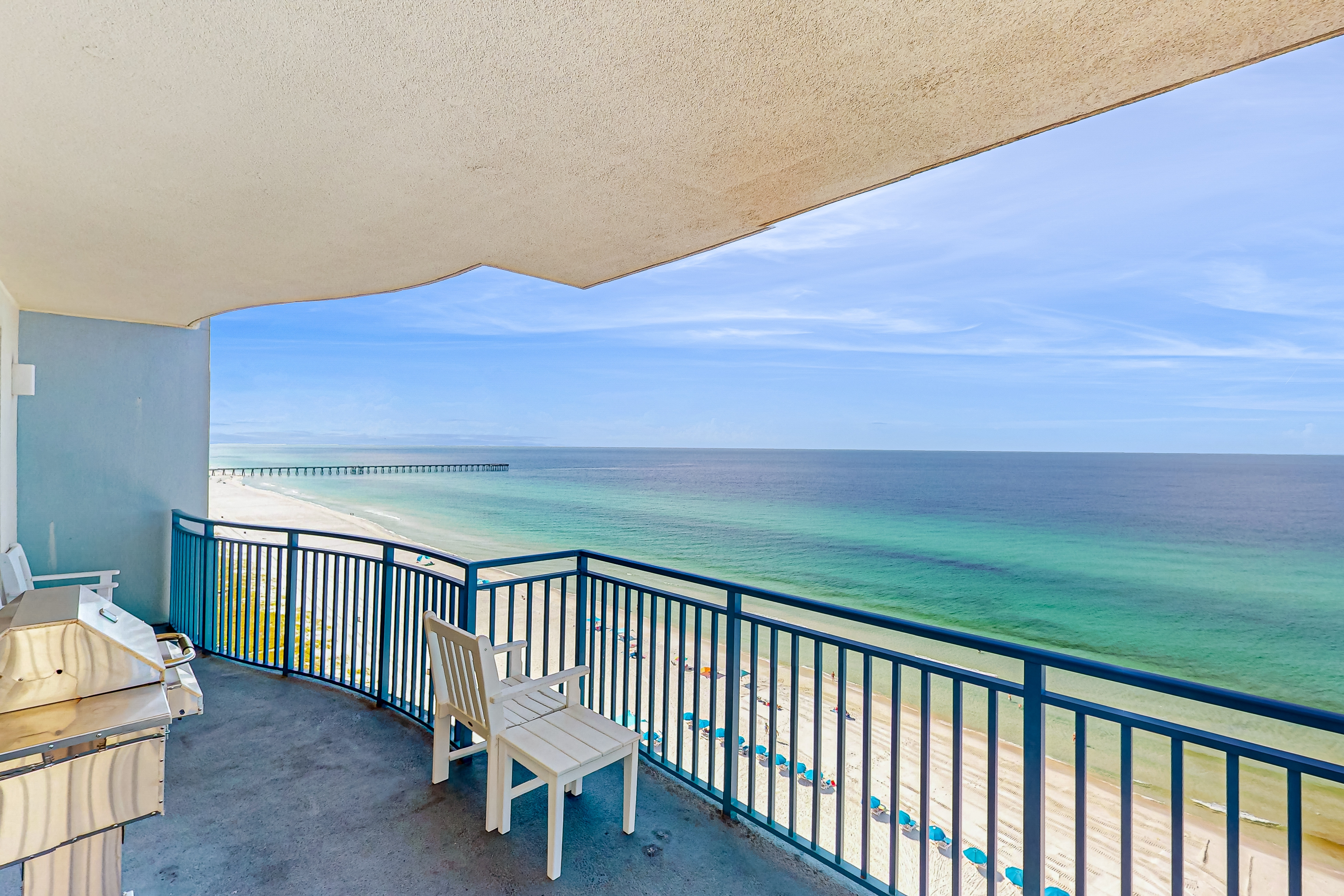The balcony overlooking the ocean at a vacation rental in Panama City Beach, FL