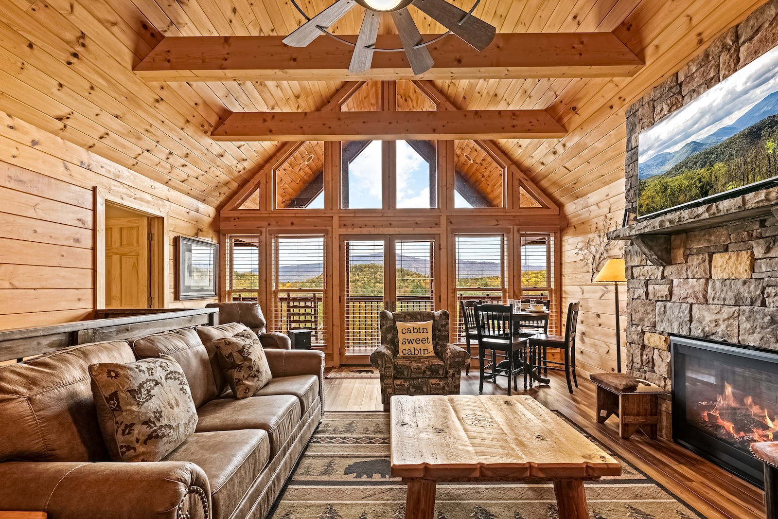The living area of a cabin rental in the Smoky Mountains.
