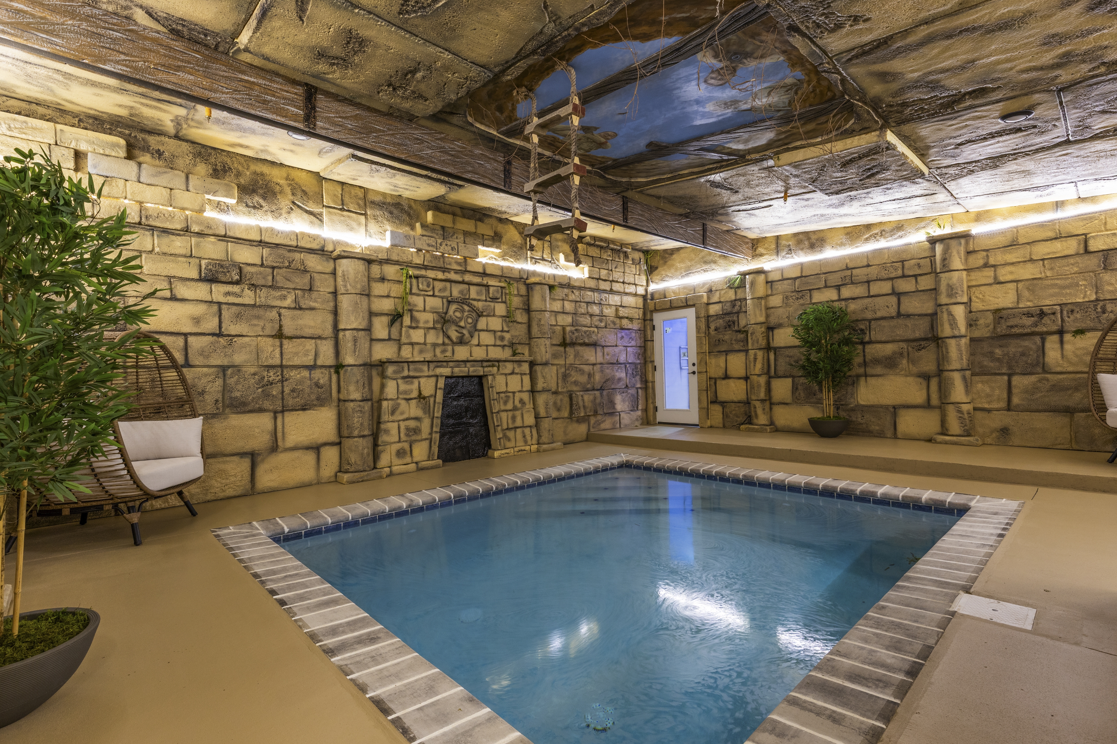 private indoor pool in indiana jones themed room
