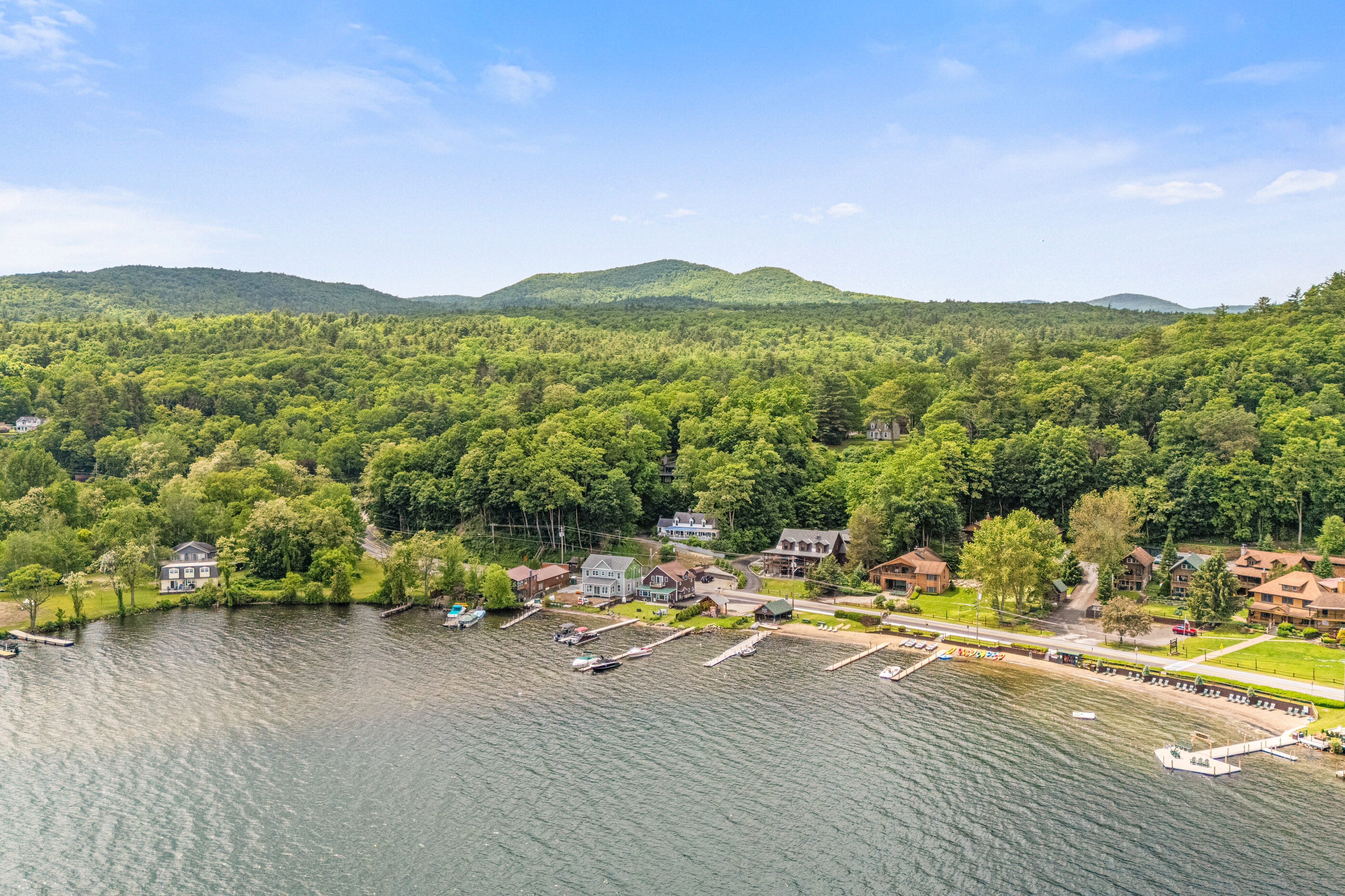 waterfront homes and private docks along Lake George in New York