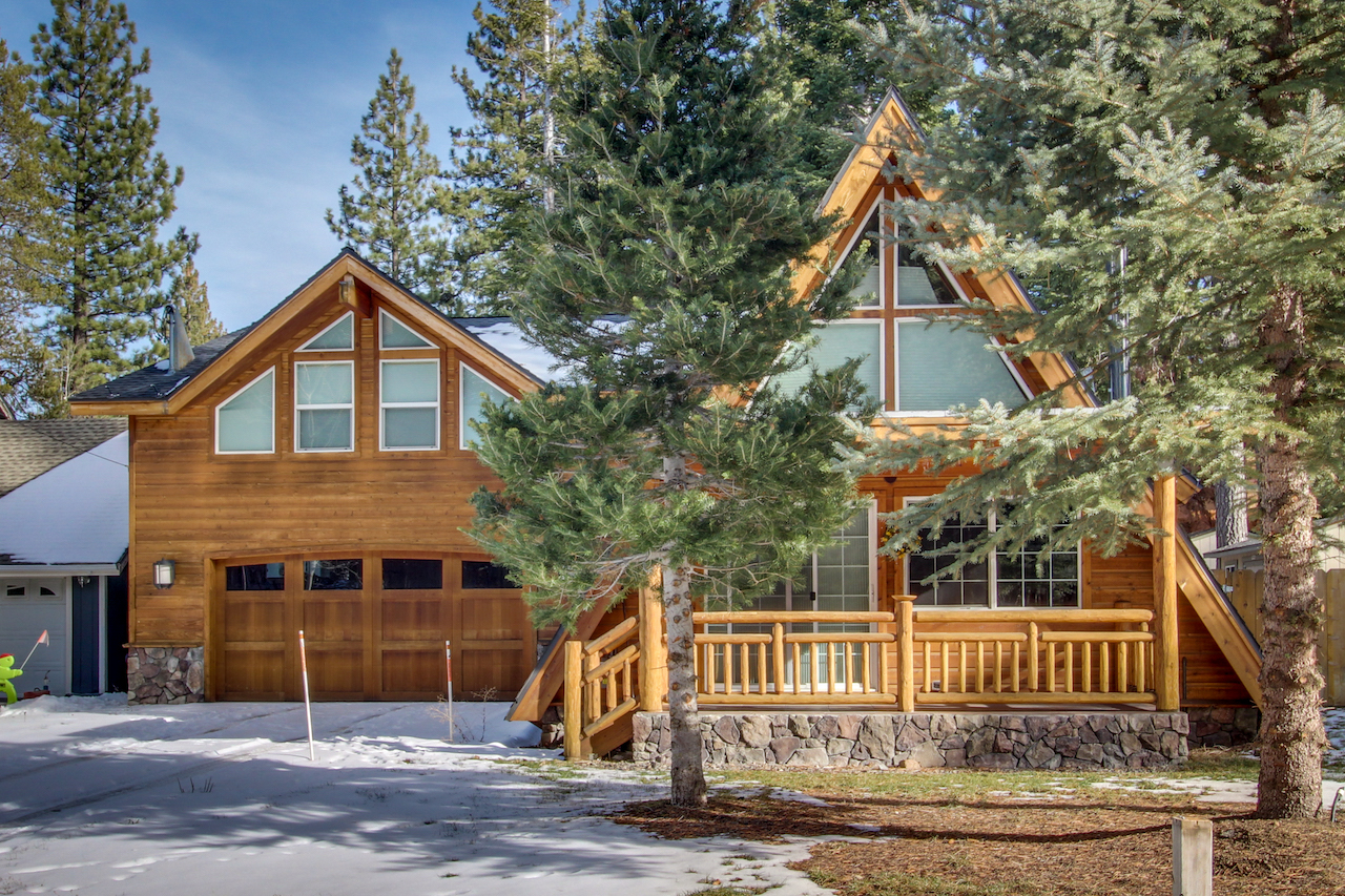 The exterior of an A-Frame cabin rental in Lake Tahoe, CA.