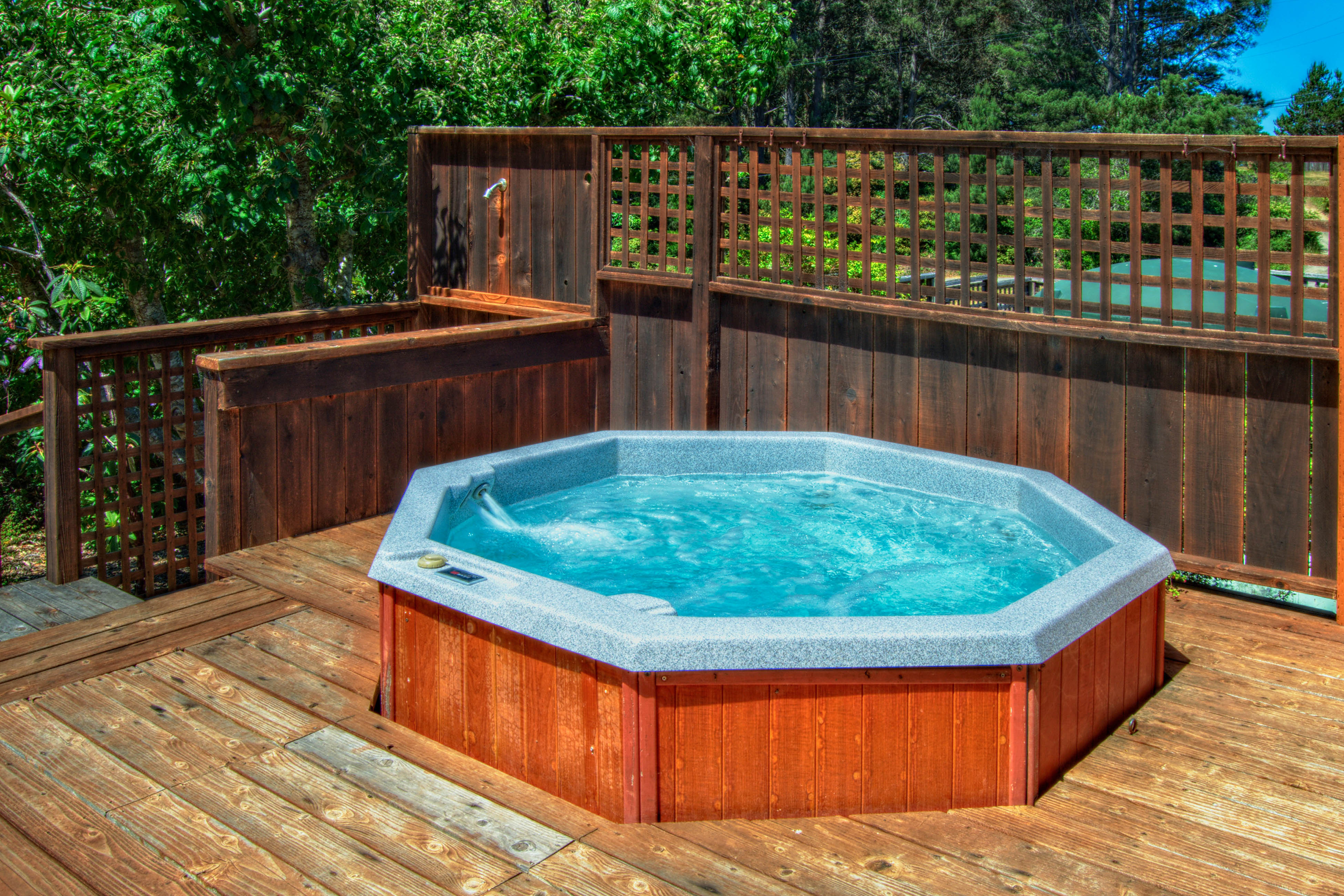 The hot tub at a vacation rental in Mendocino, CA.