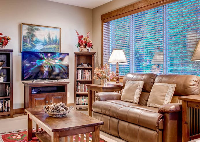 The living room of a vacation rental on Big White Mountain, BC.