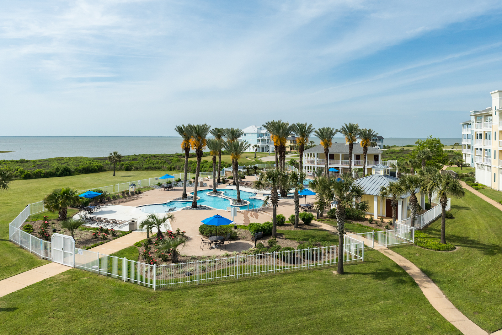 The pool area at Pointe West Resort in Galveston, TX.