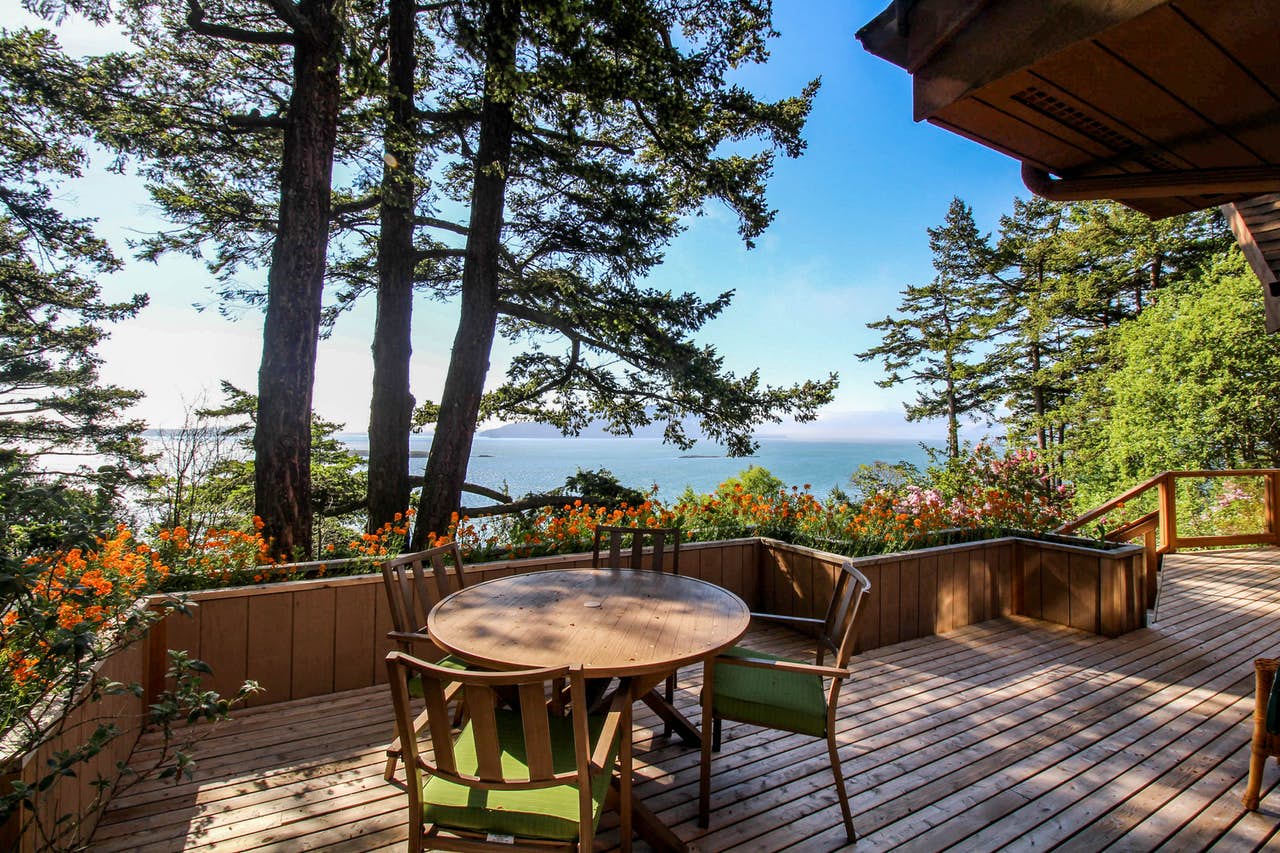 Back deck with water view from San Juan Island vacation rental