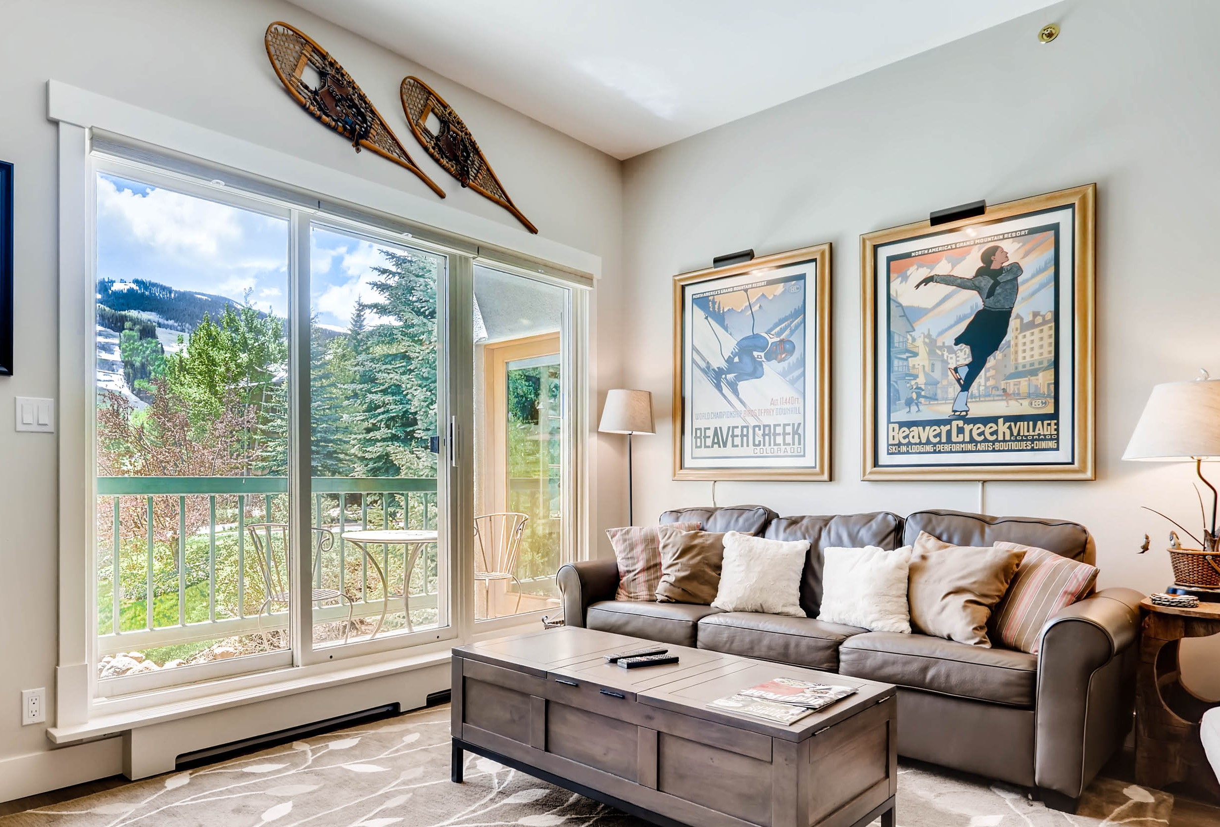 Modern furniture with ski decor in a vacation home living room in Avon, CO