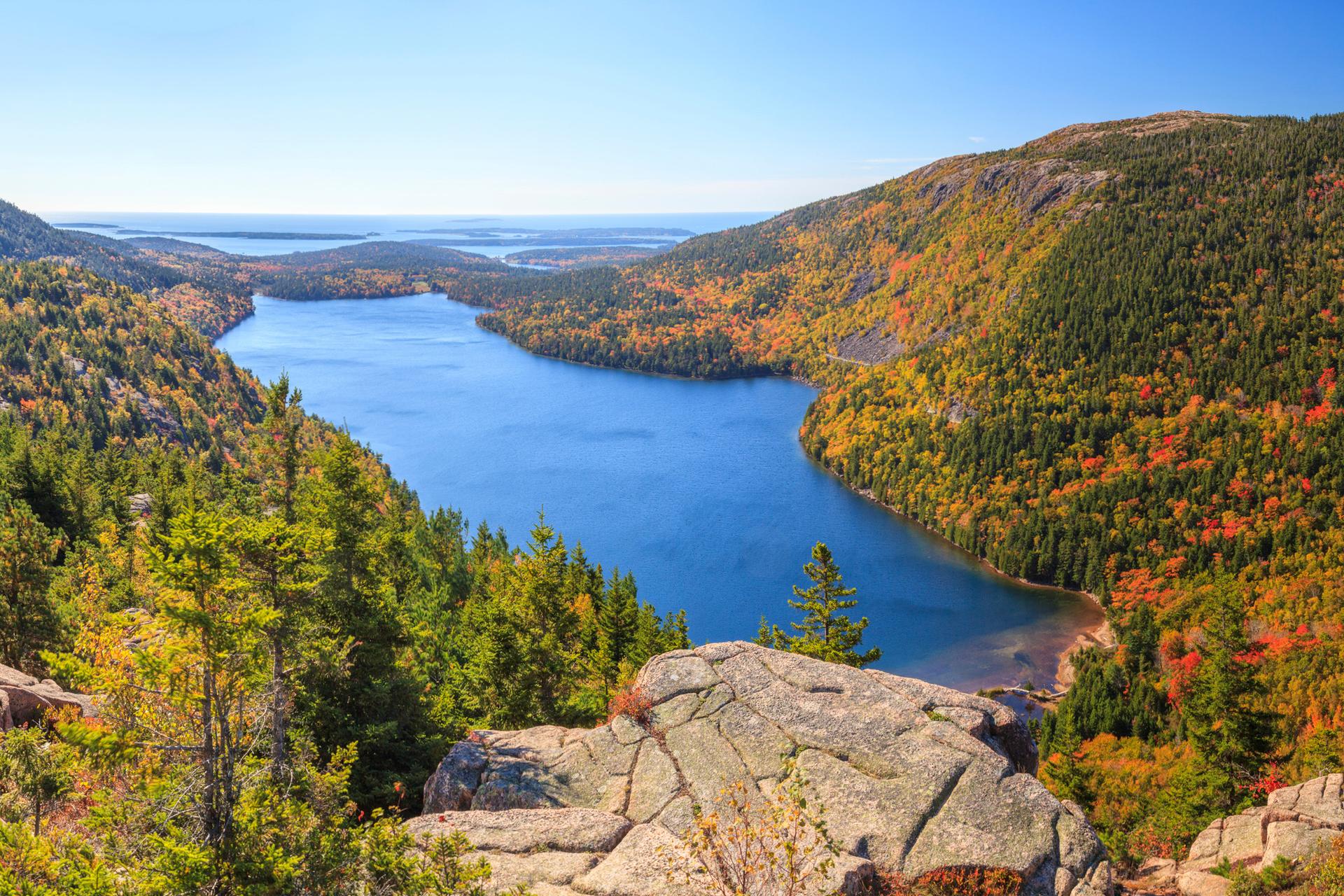 View of a lake in Bar Harbor Acadia.