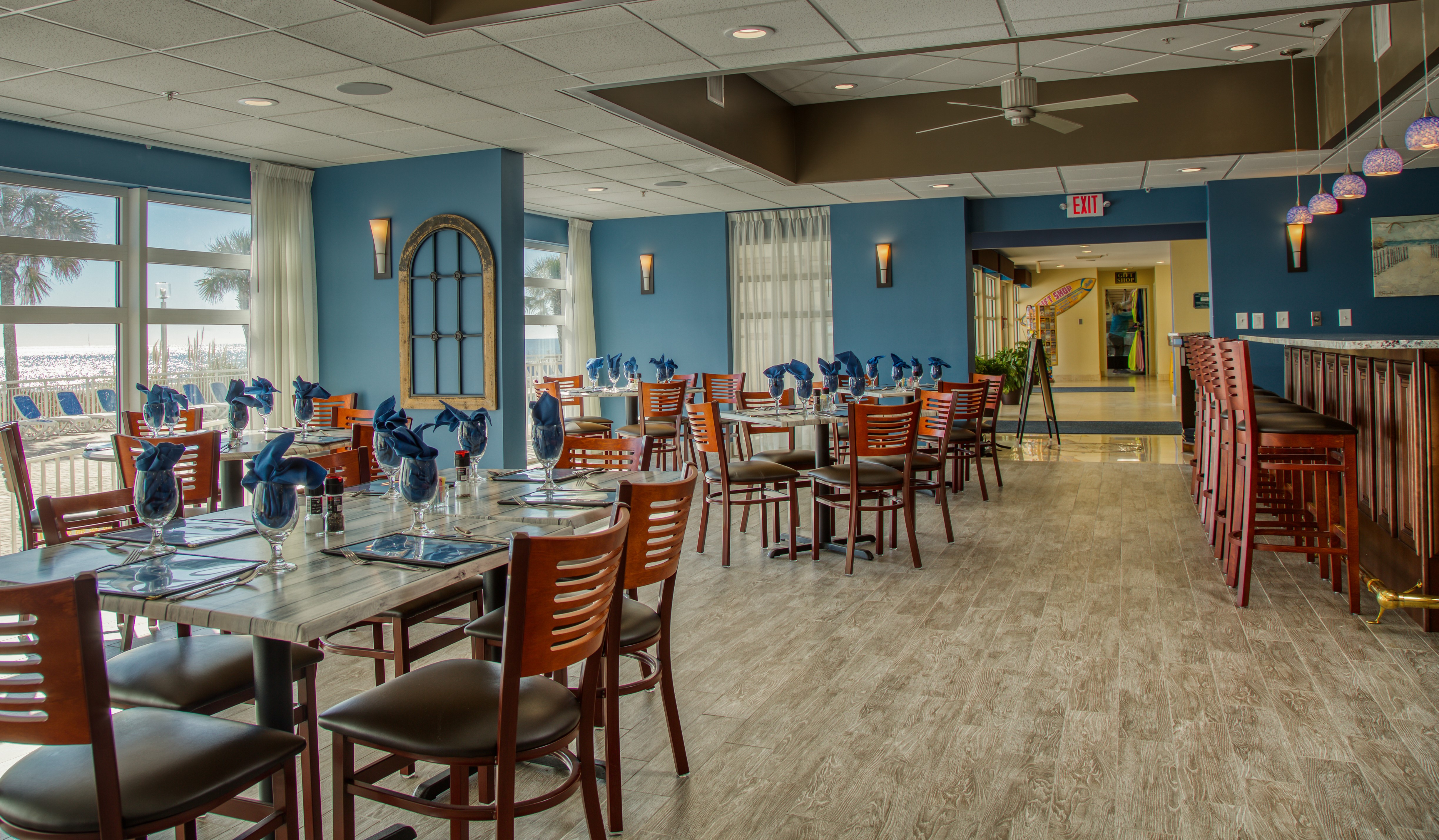 Bay Watch Resort cafe with a view of the beach.
