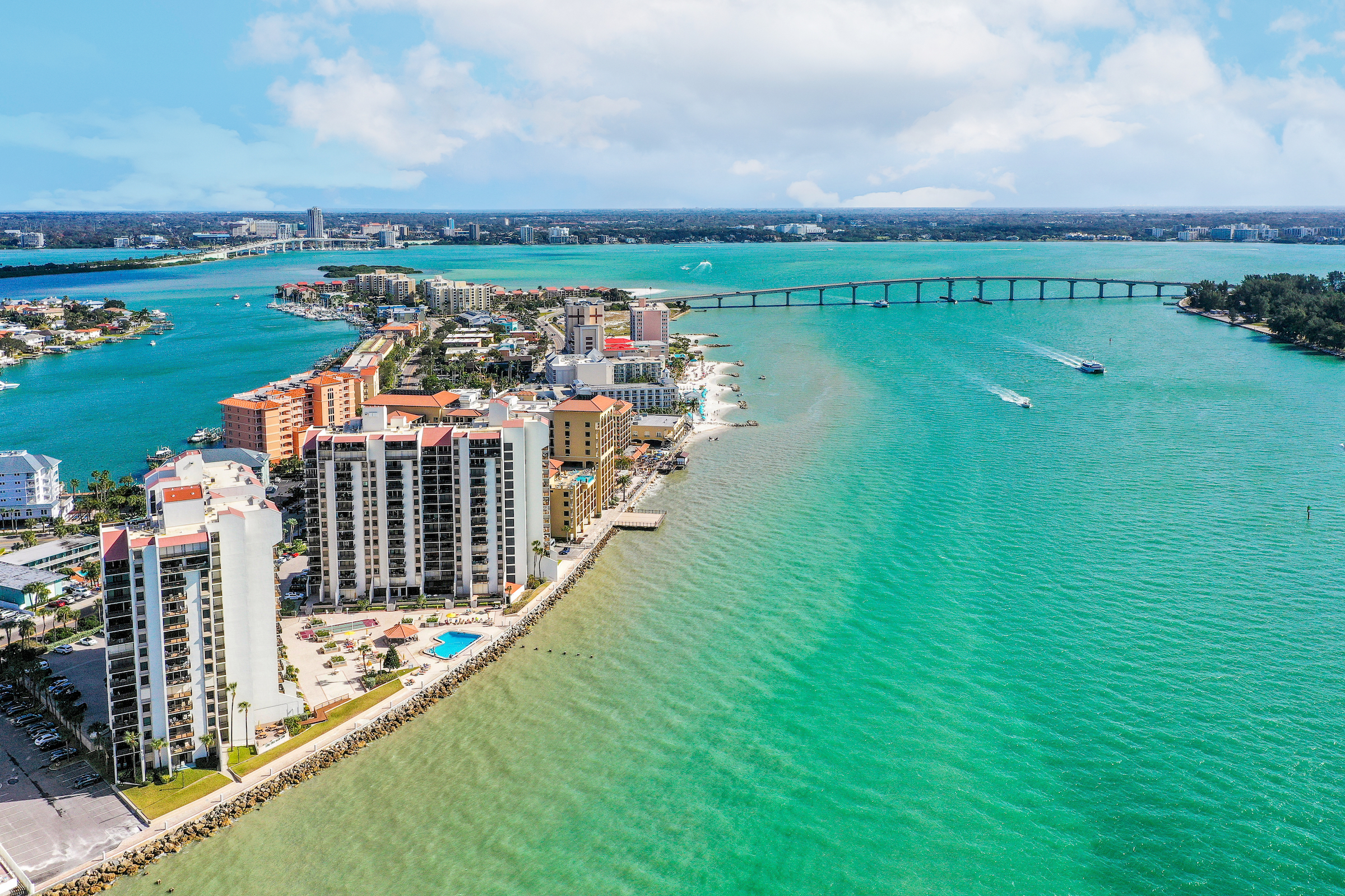 Aerial view of the city of Clearwater Beach, FL as well as the surrounding Gulf waters