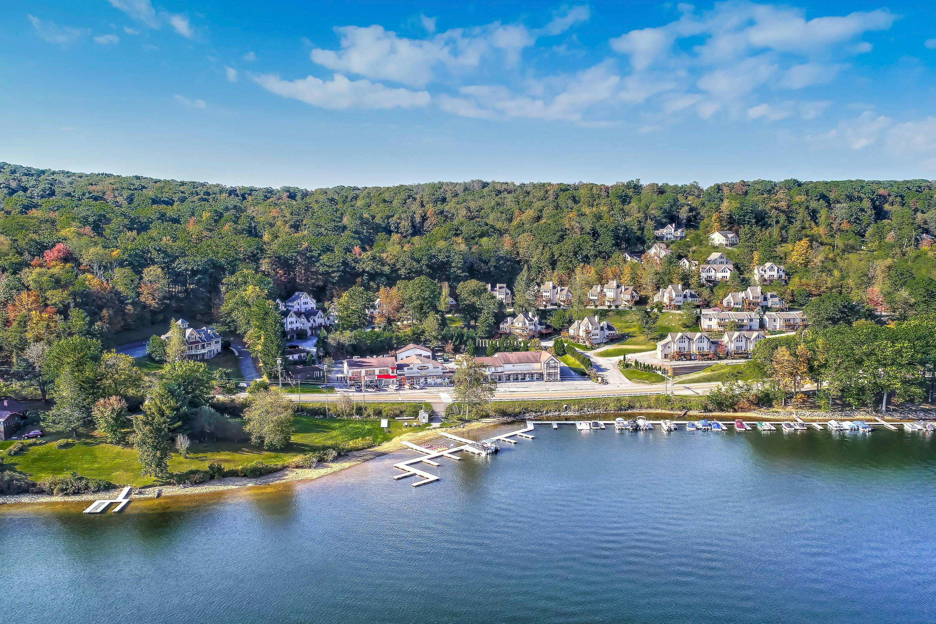 Aerial view of the Deep Creek Lake boat basin during summer.