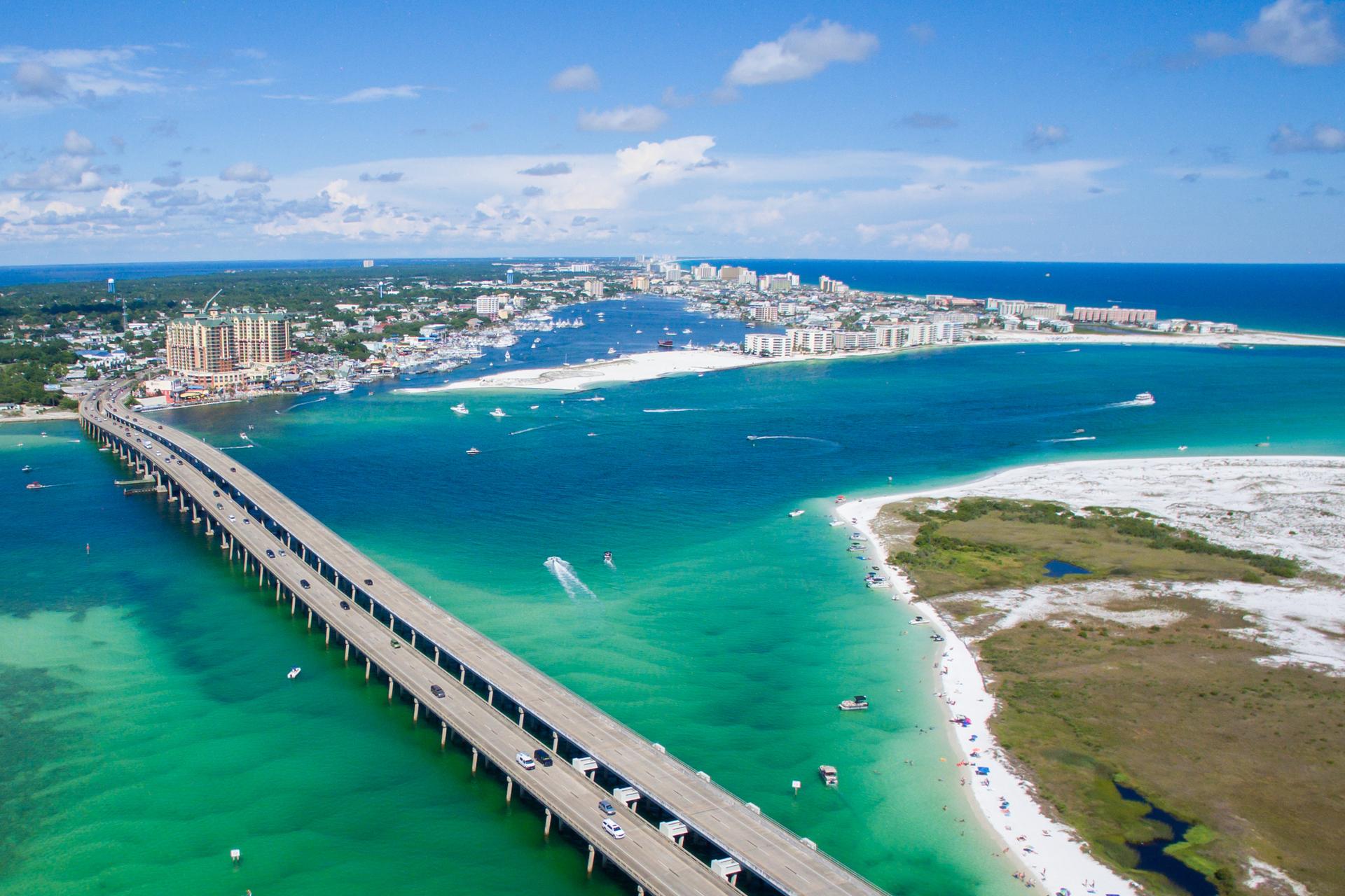 Aerial shot of the bridge on 30A in Destin, Florida.