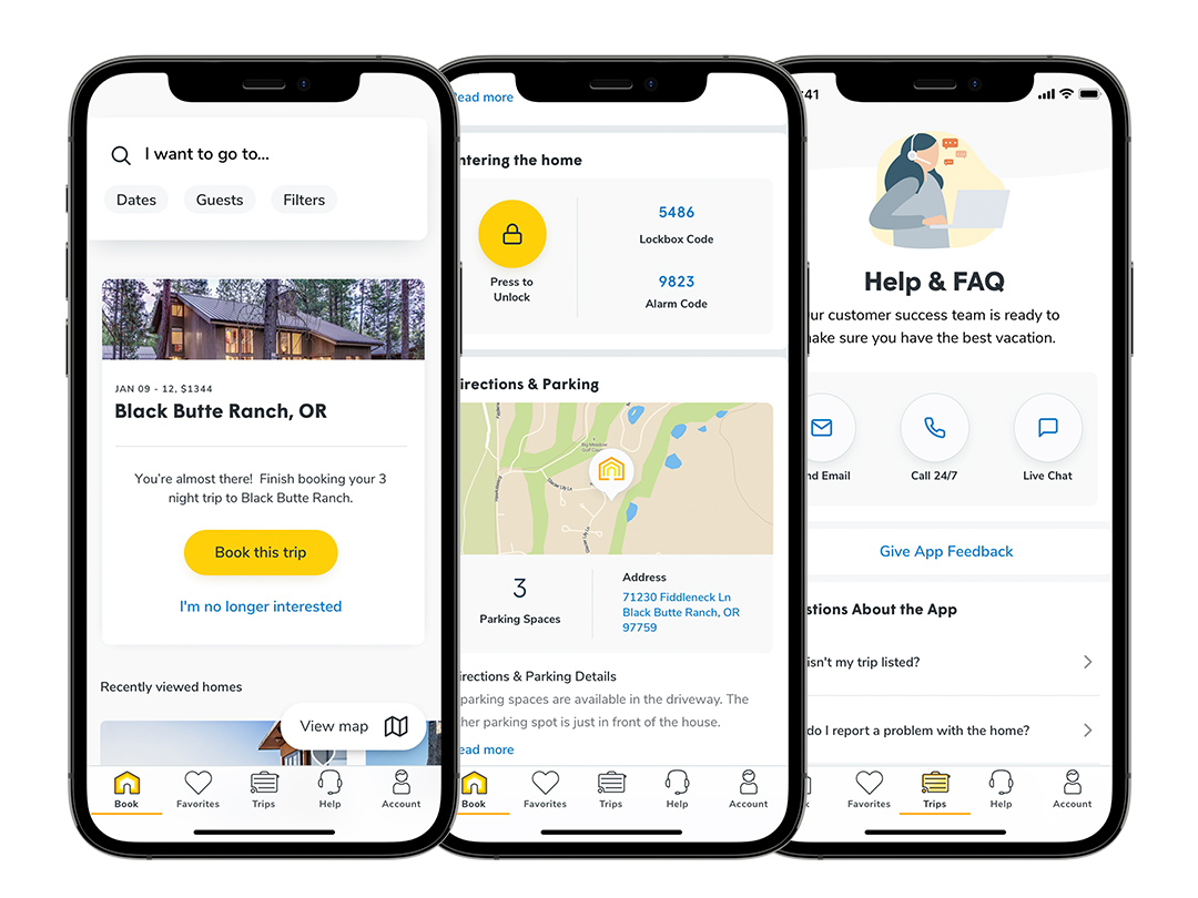 three screen shots of the Vacasa guest app