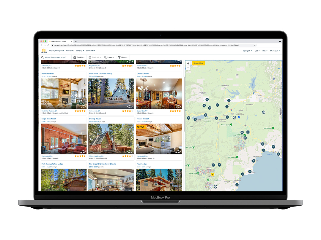 laptop computer displaying Vacasa vacation rentals