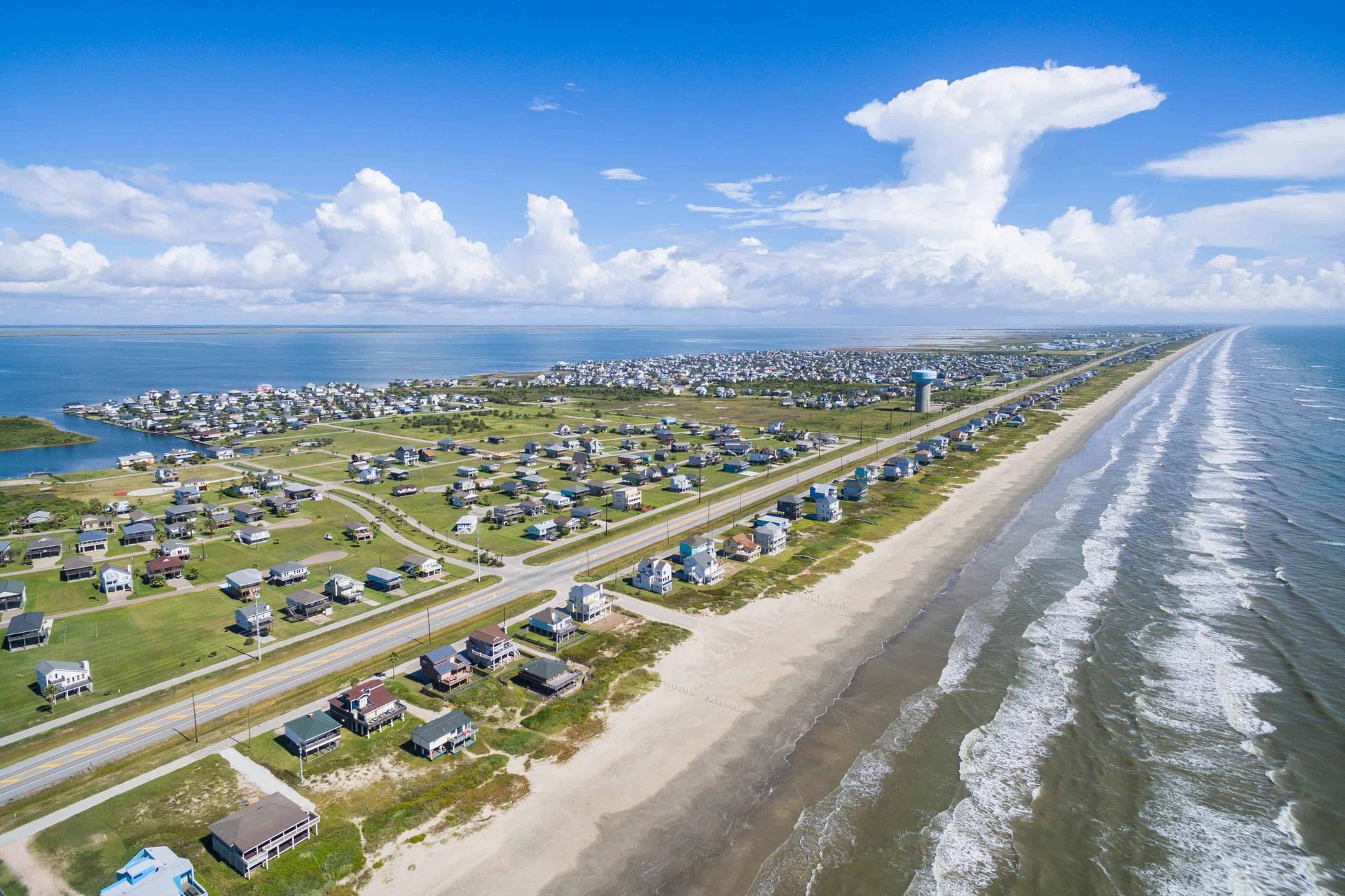aerial view of galveston, tx coastline