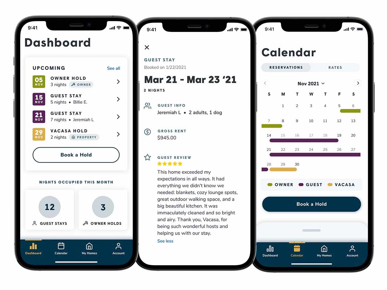screenshots of the Vacasa Homeowner app, including a booking calendar and revenue dashboard