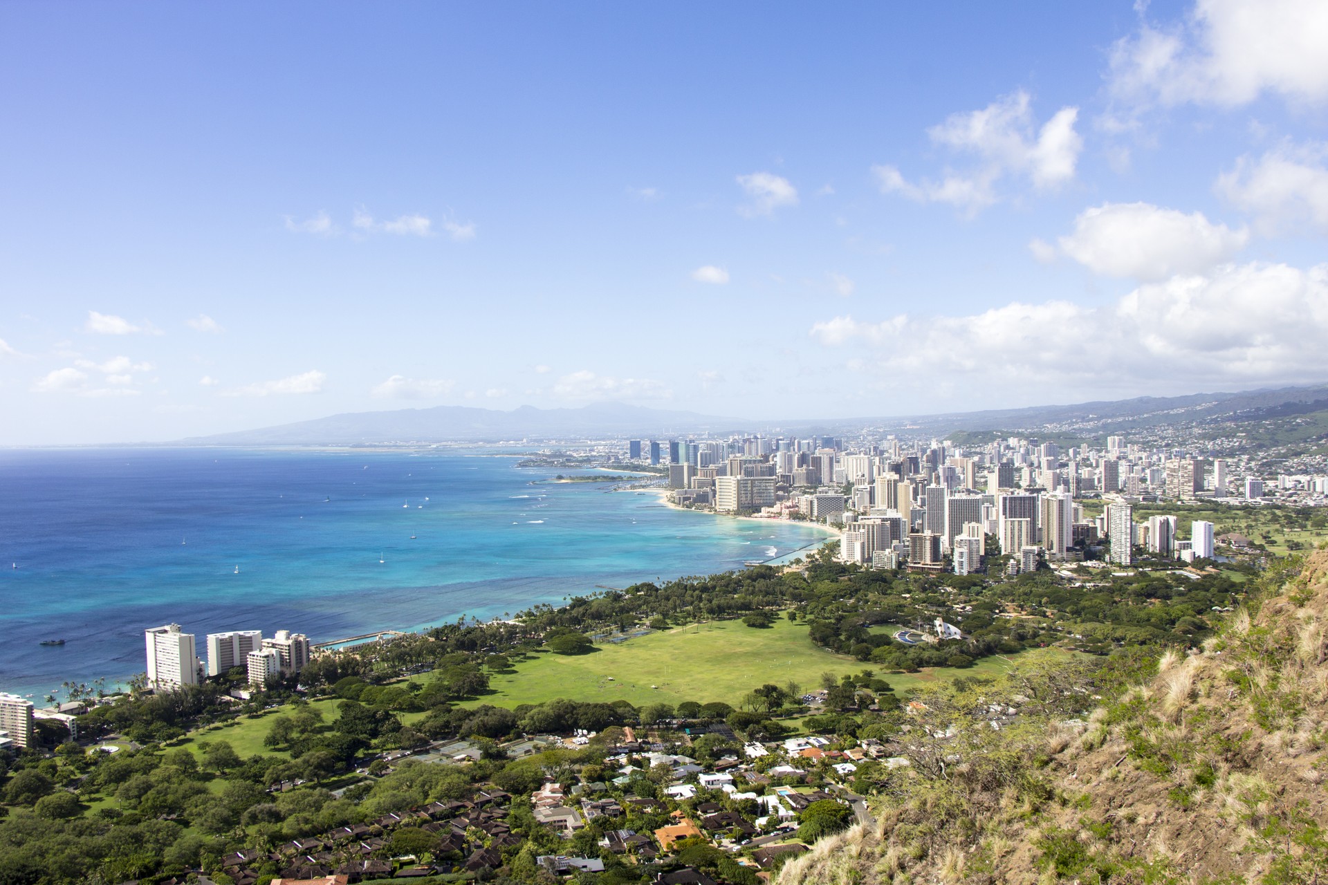 Aerial view of Honolulu skyline and coastline