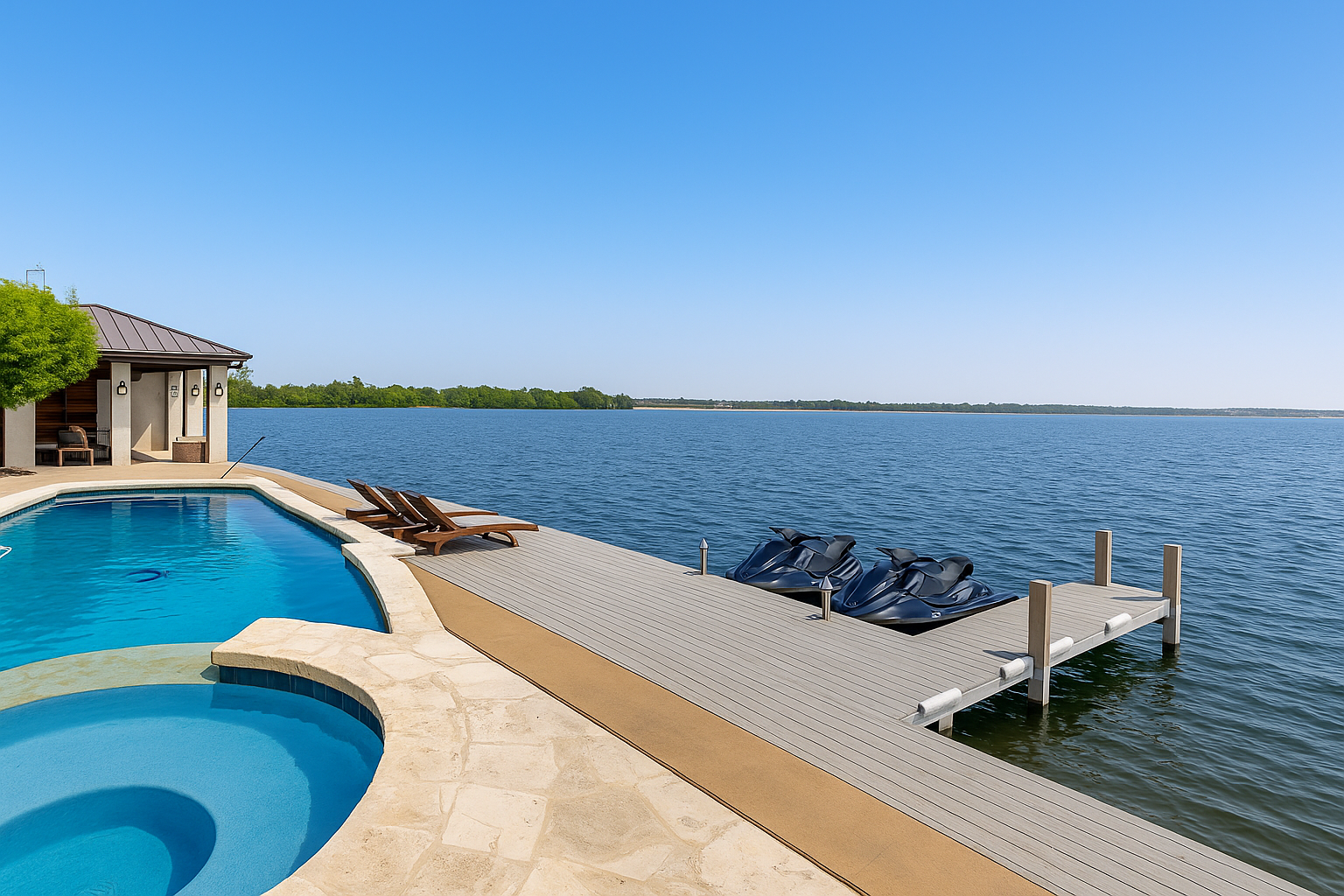 The view from a deck with a pool of Lake LBJ.