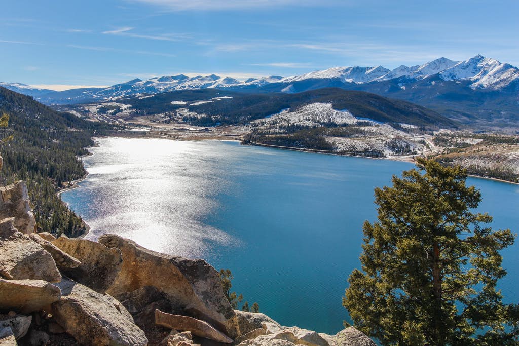 keystone with snow covered mountains in the background