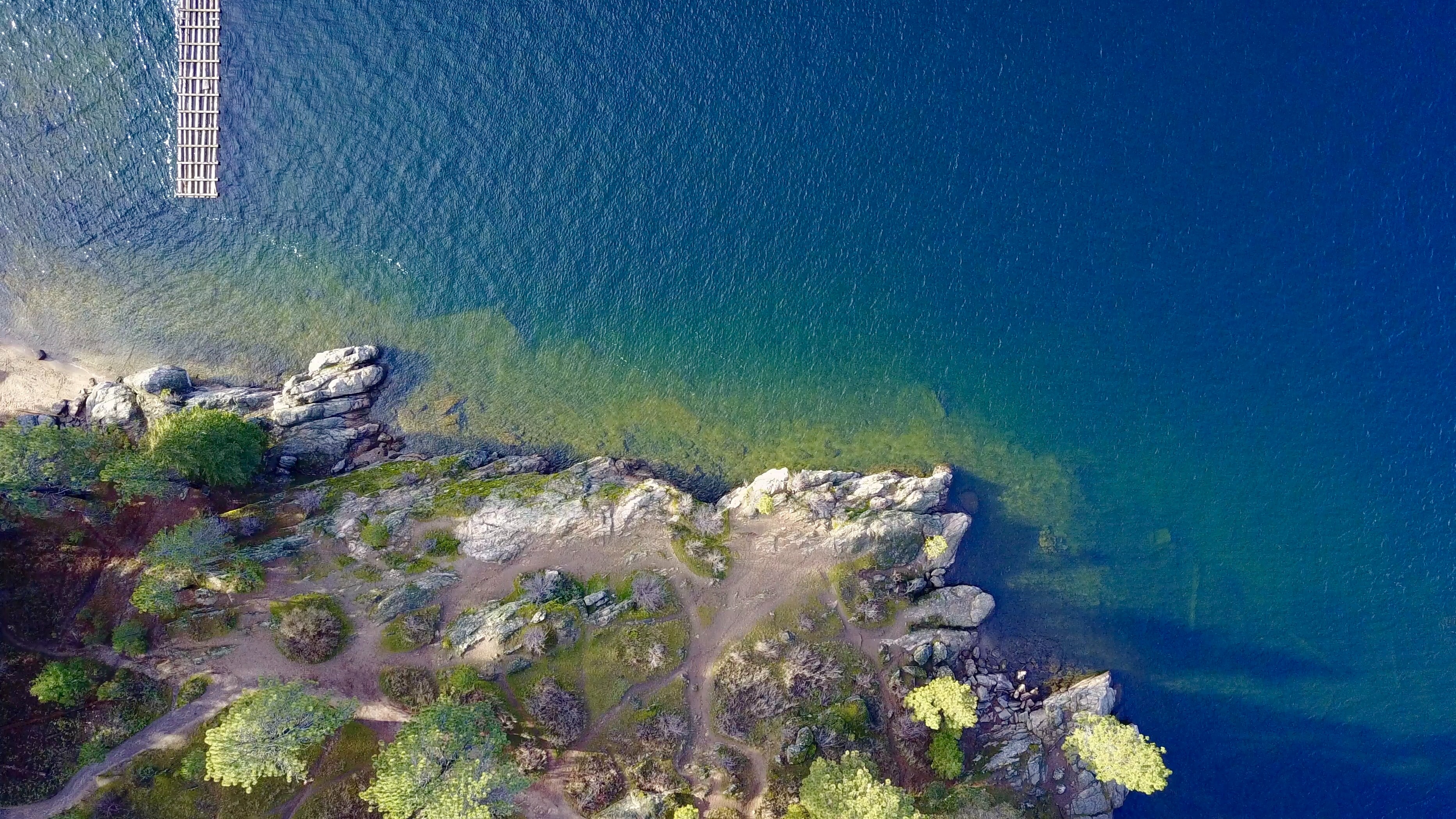Aerial view of a rocky shoreline of Lake Coeur d'Alene, ID