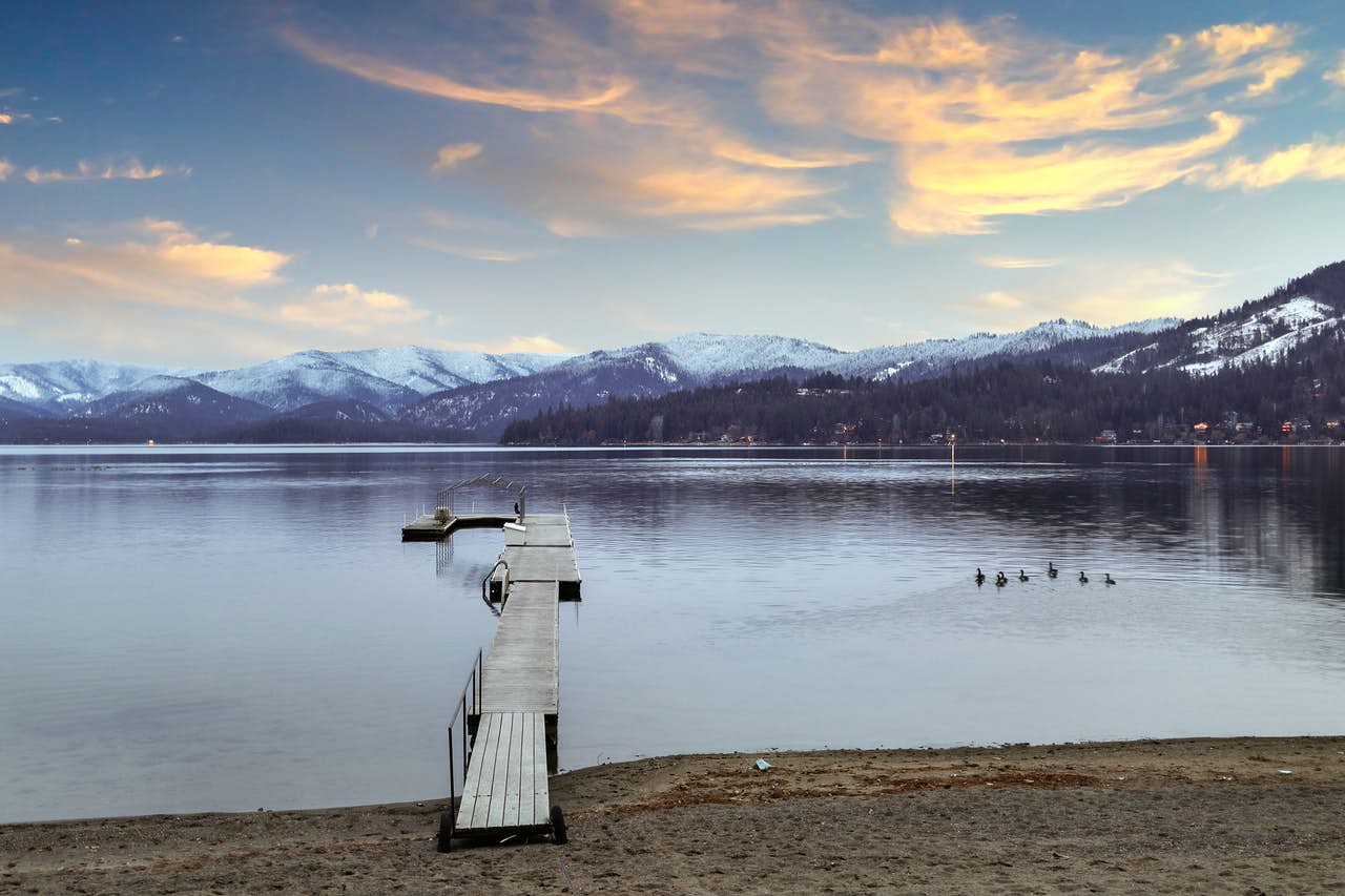 beautiful lake surrounded by snow-covered mountains