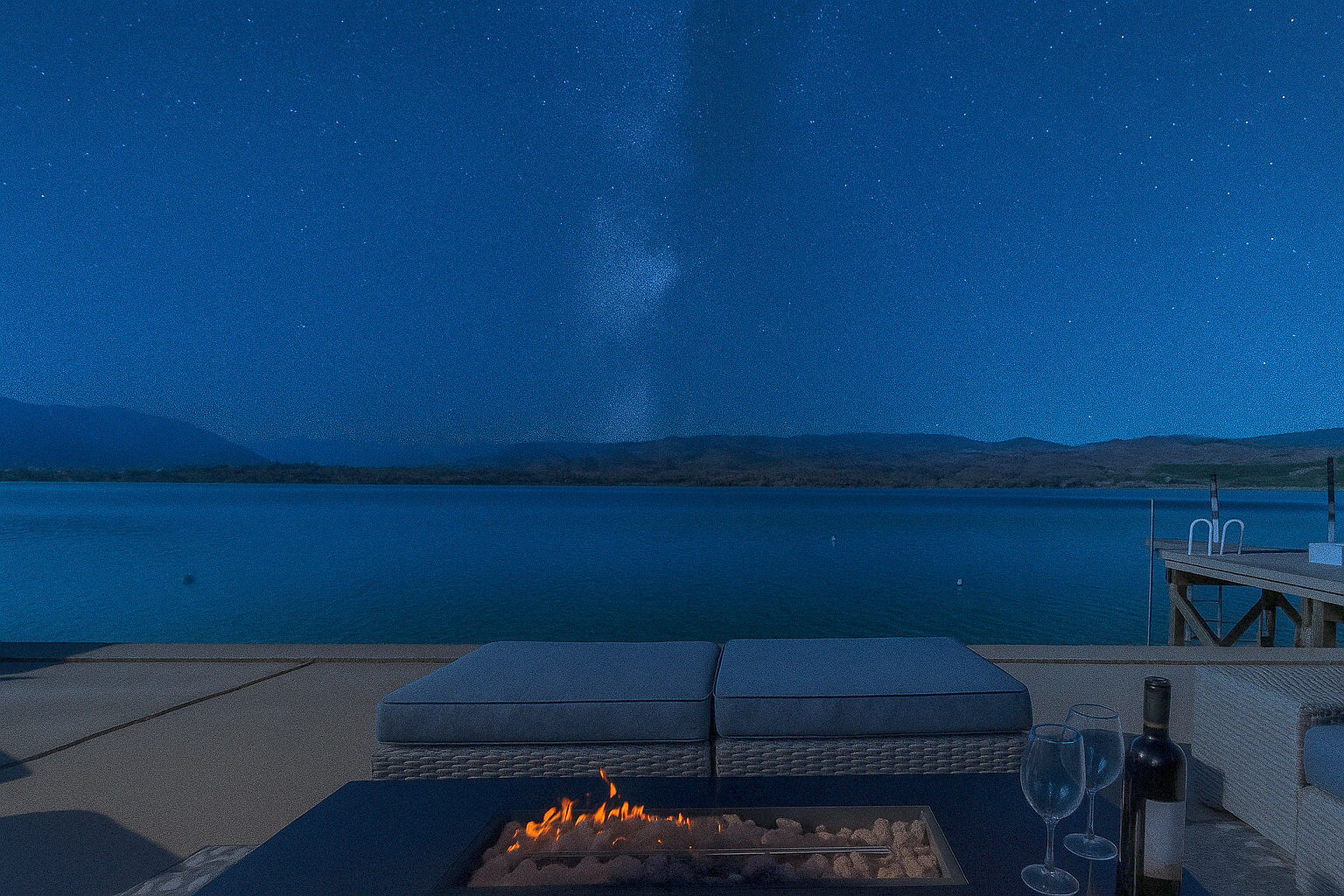 Fire overlooking Lake Chelan on the dock.