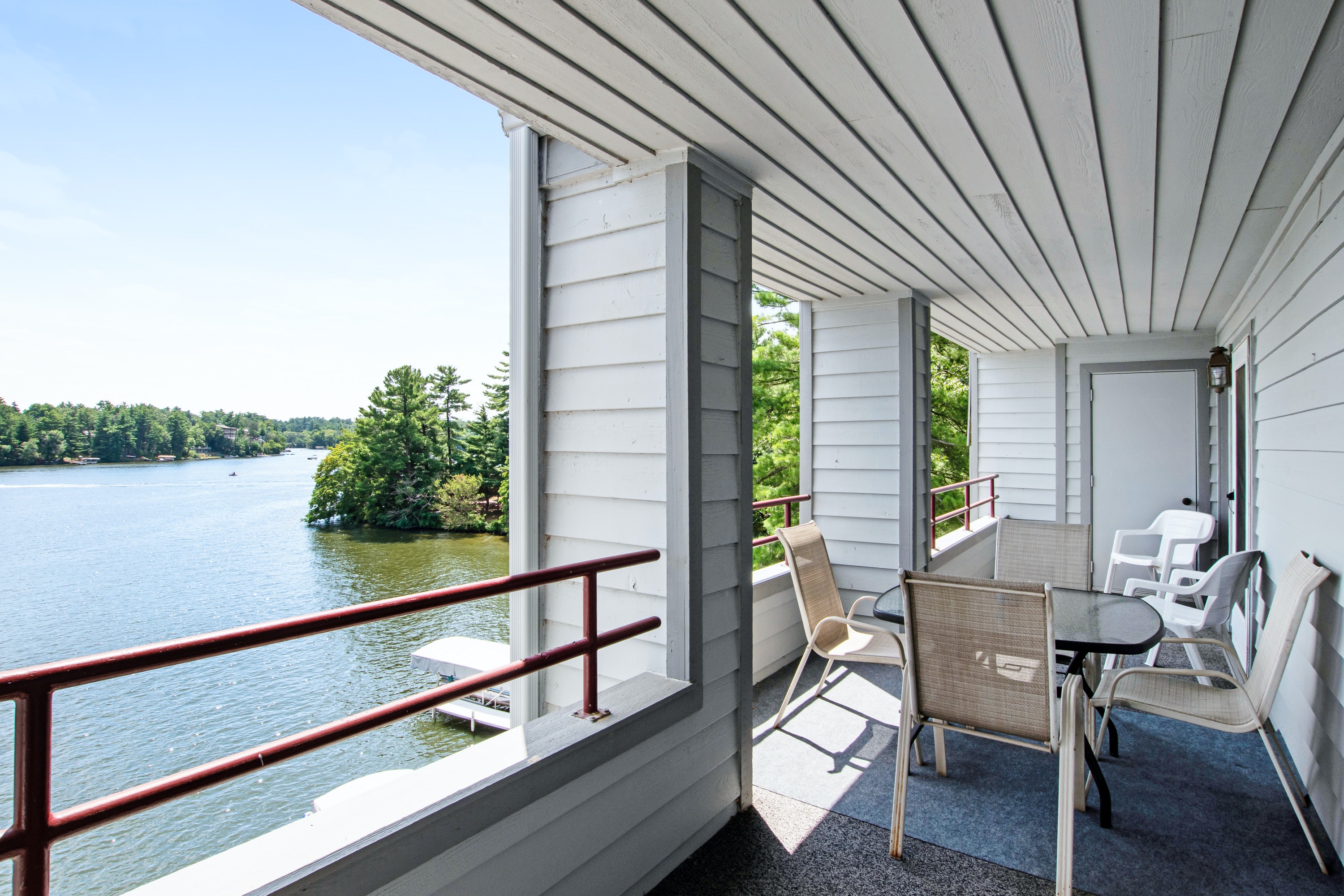 covered porch with lake view in wisconsin