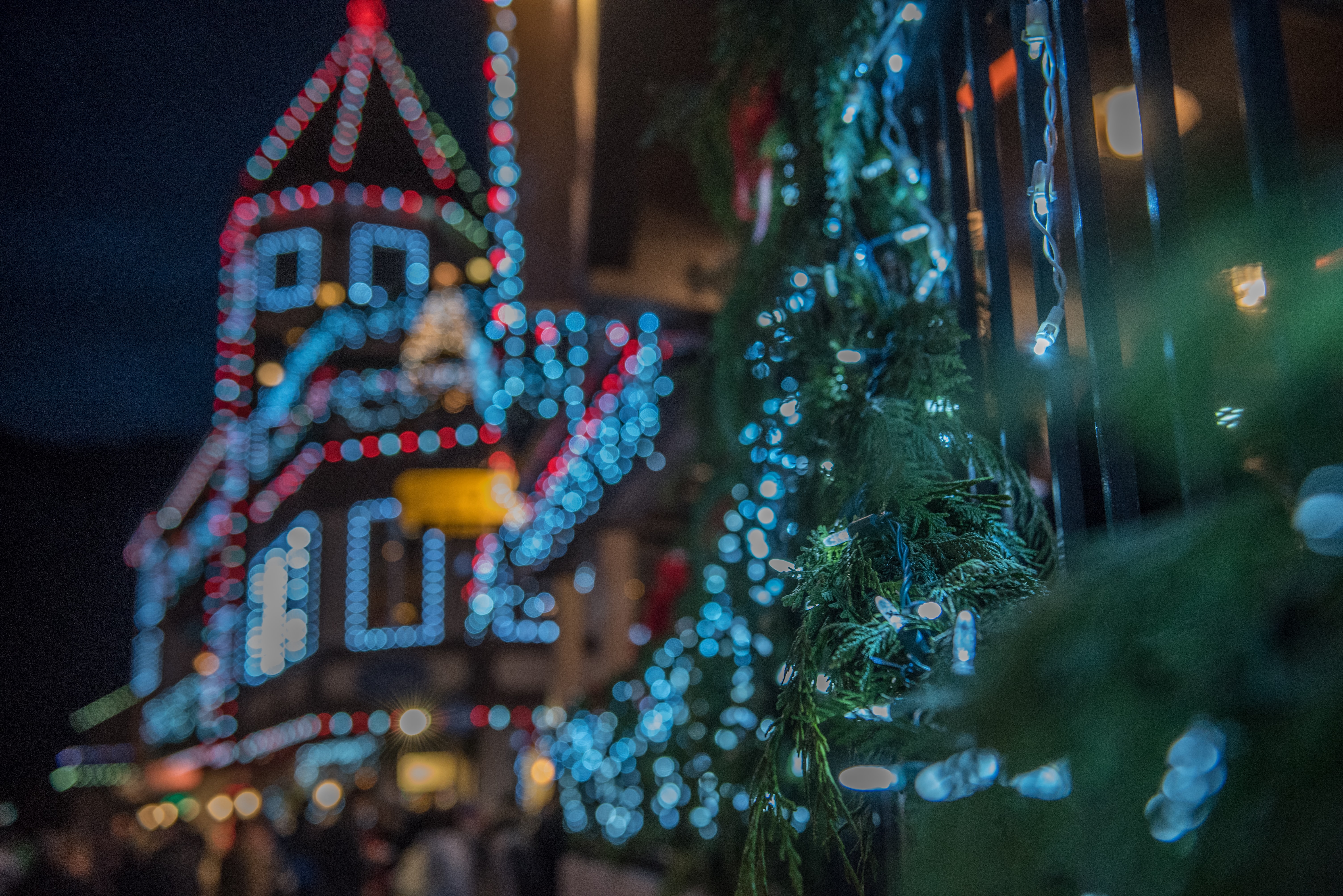 Christmas lights on buildings in Leavenworth, WA