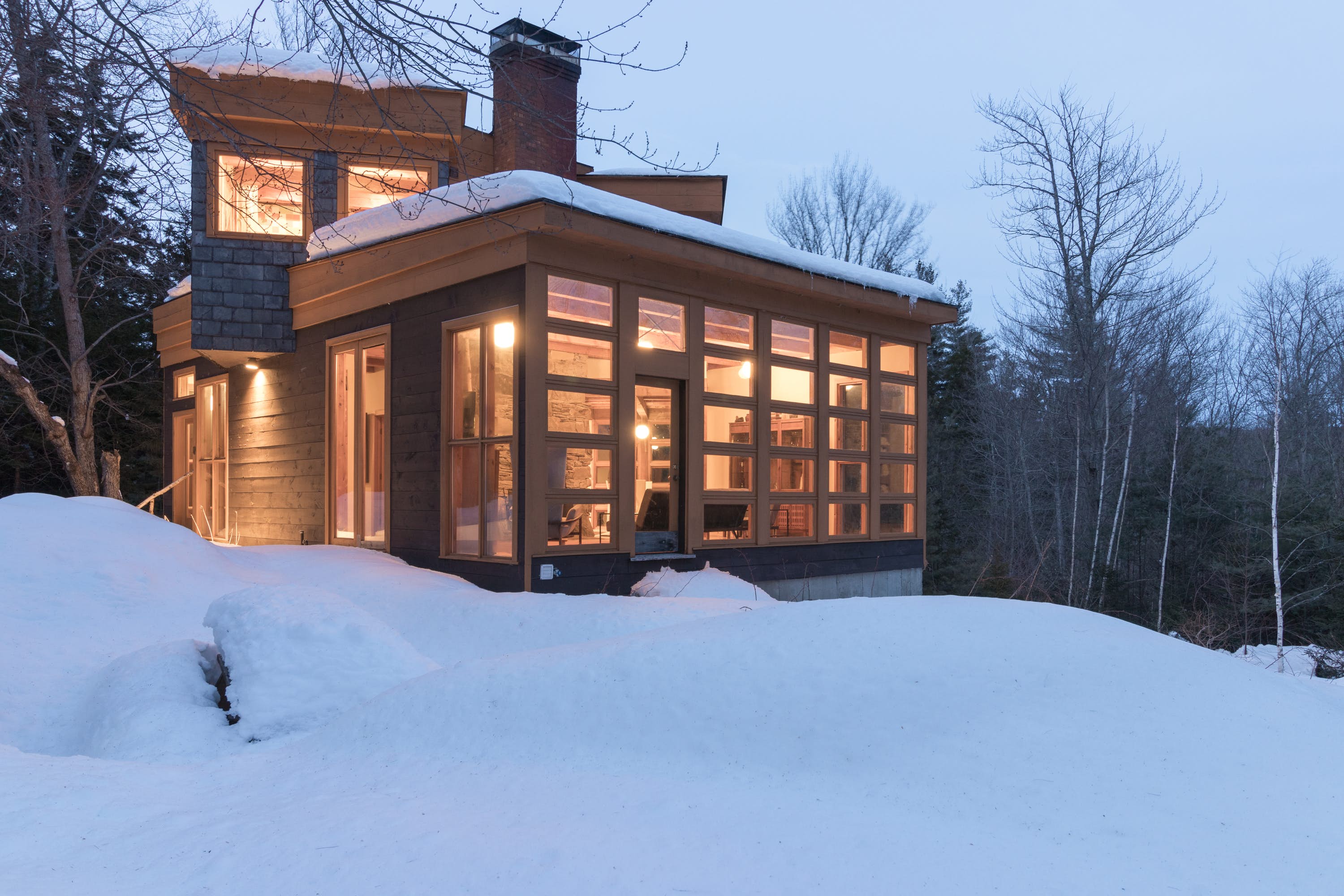 A cabin on a snowy evening in Ludlow, Vermont