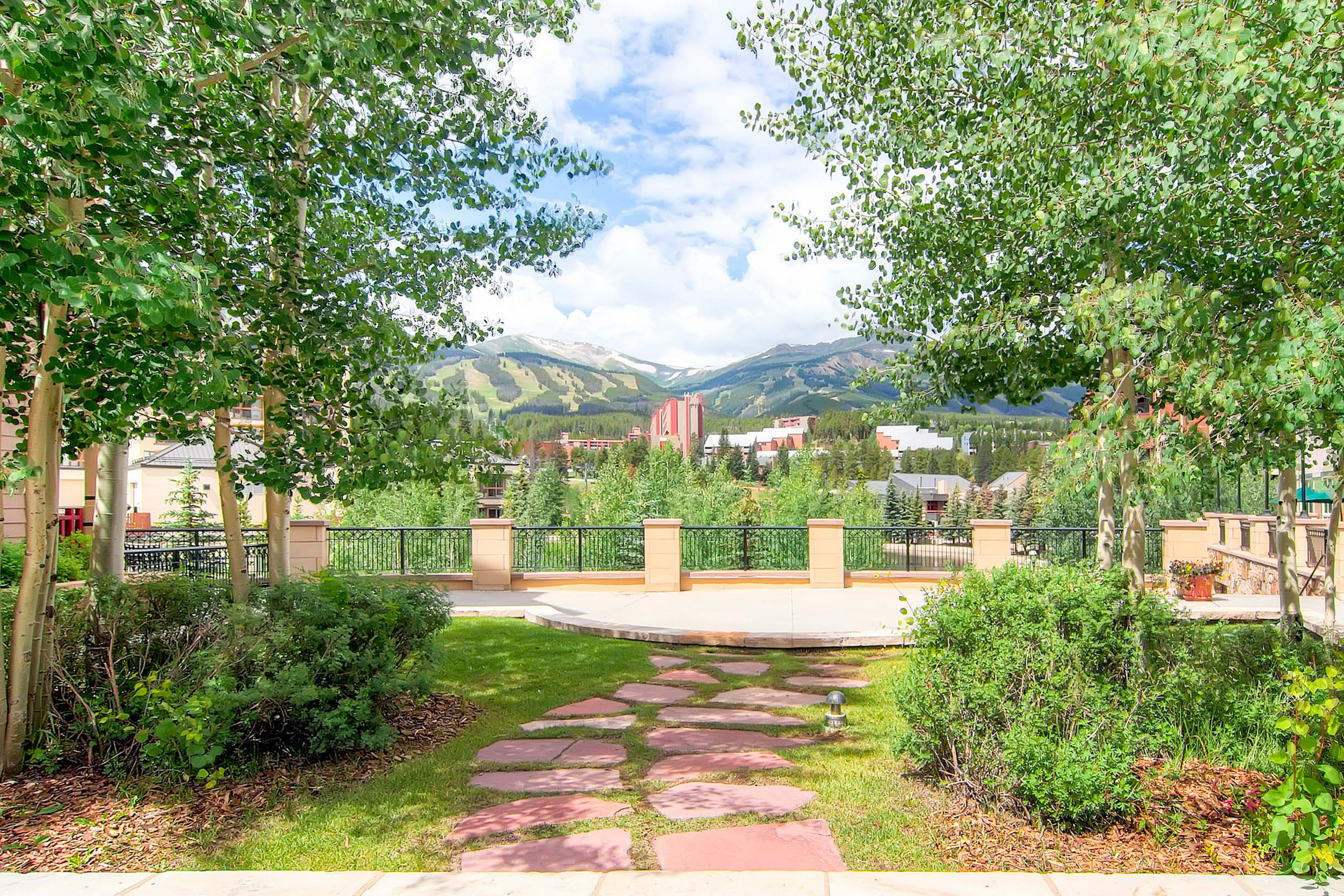 Brick pathway to a viewpoint at Main Street Station in Breckenridge, CO