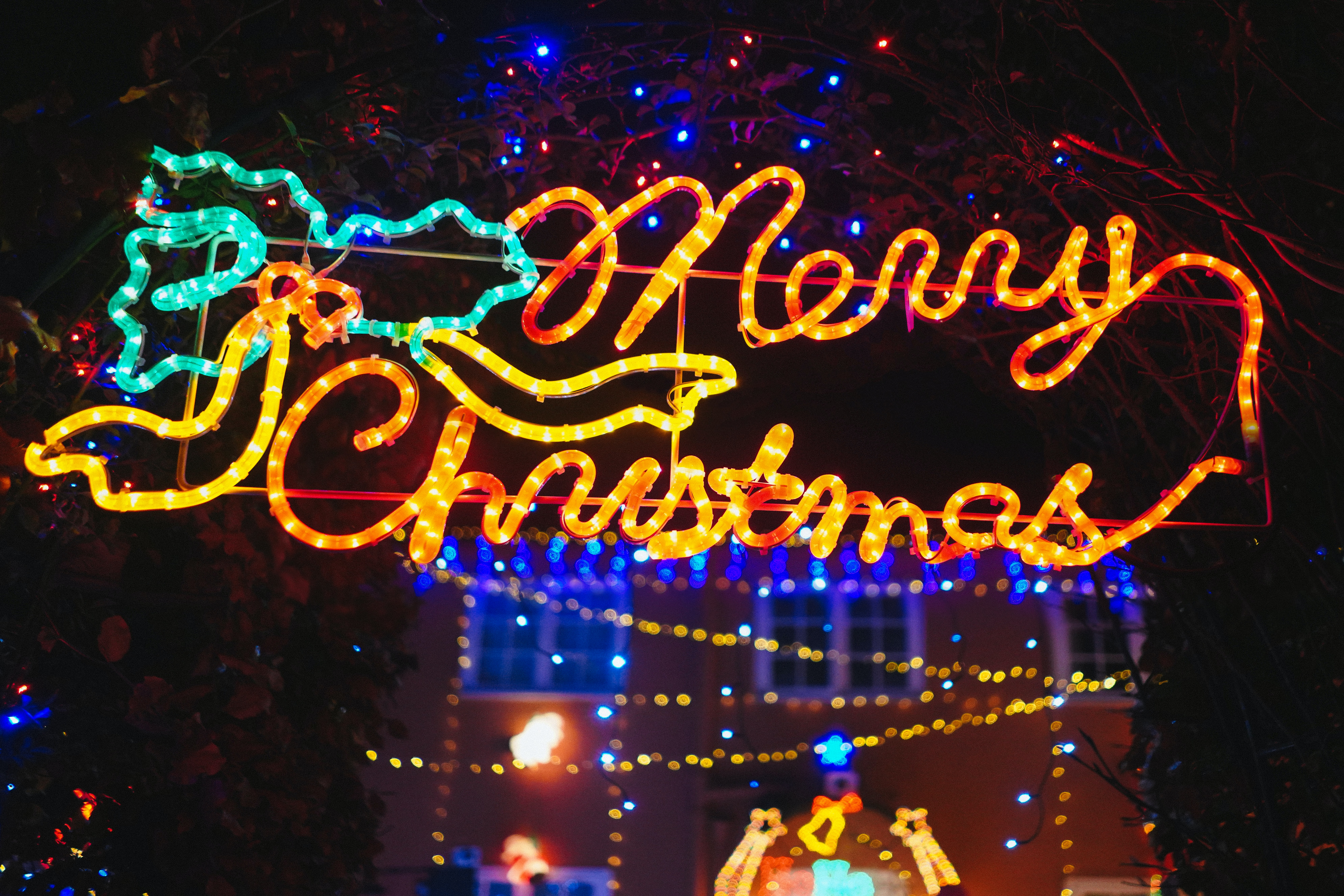 Neon sign reading "Merry Christmas" lit in the evening
